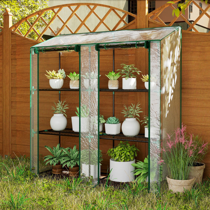 Lean-to Greenhouse with 3-Tier Shelves and Roll-Up Doors