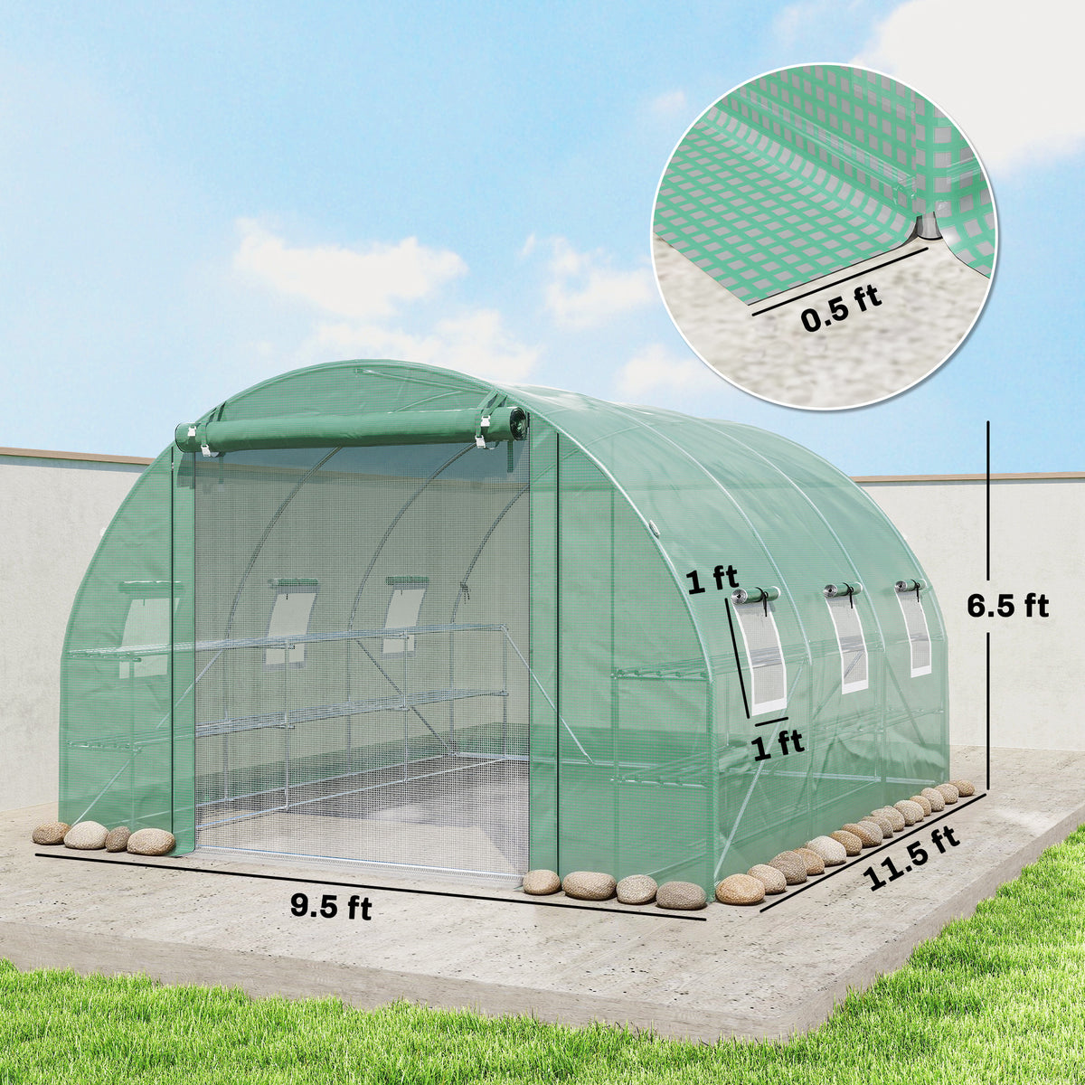 10x11x6 Walk-in Tunnel Greenhouse with Shelves and Mesh Door