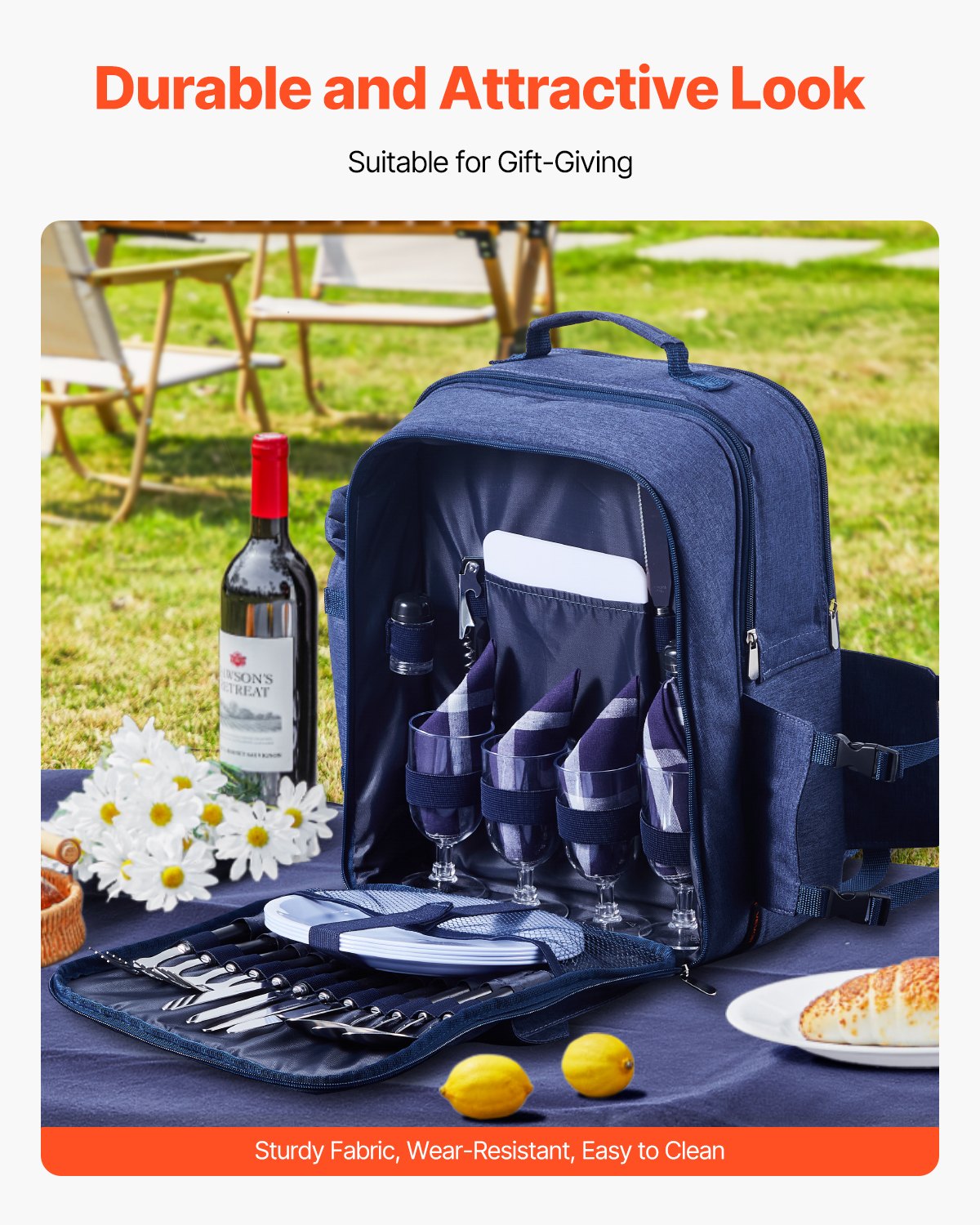 4-Person Beach Picnic Backpack with Cooler Compartment Navy