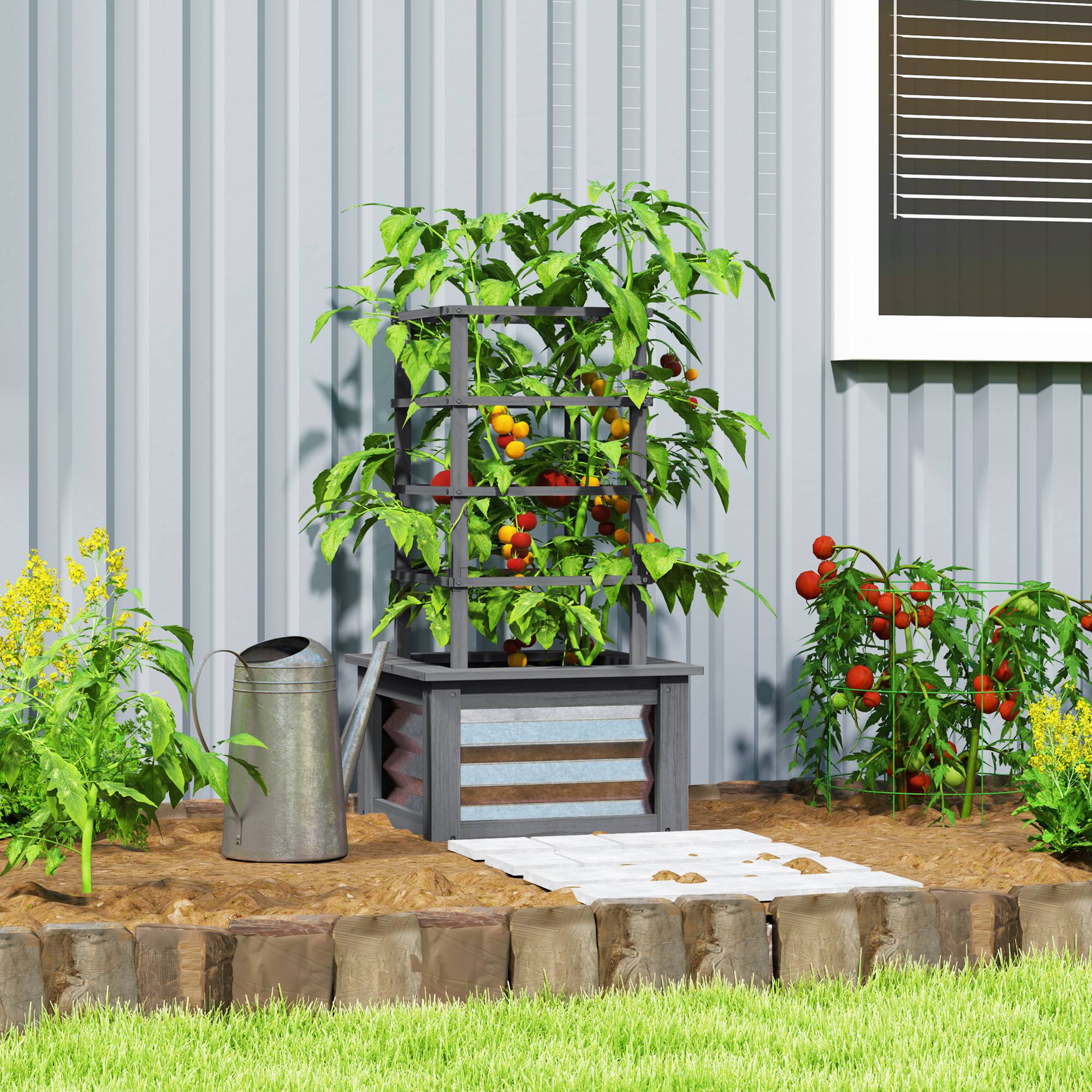 Wooden Raised Garden Bed with Trellis and Galvanized Planter Box