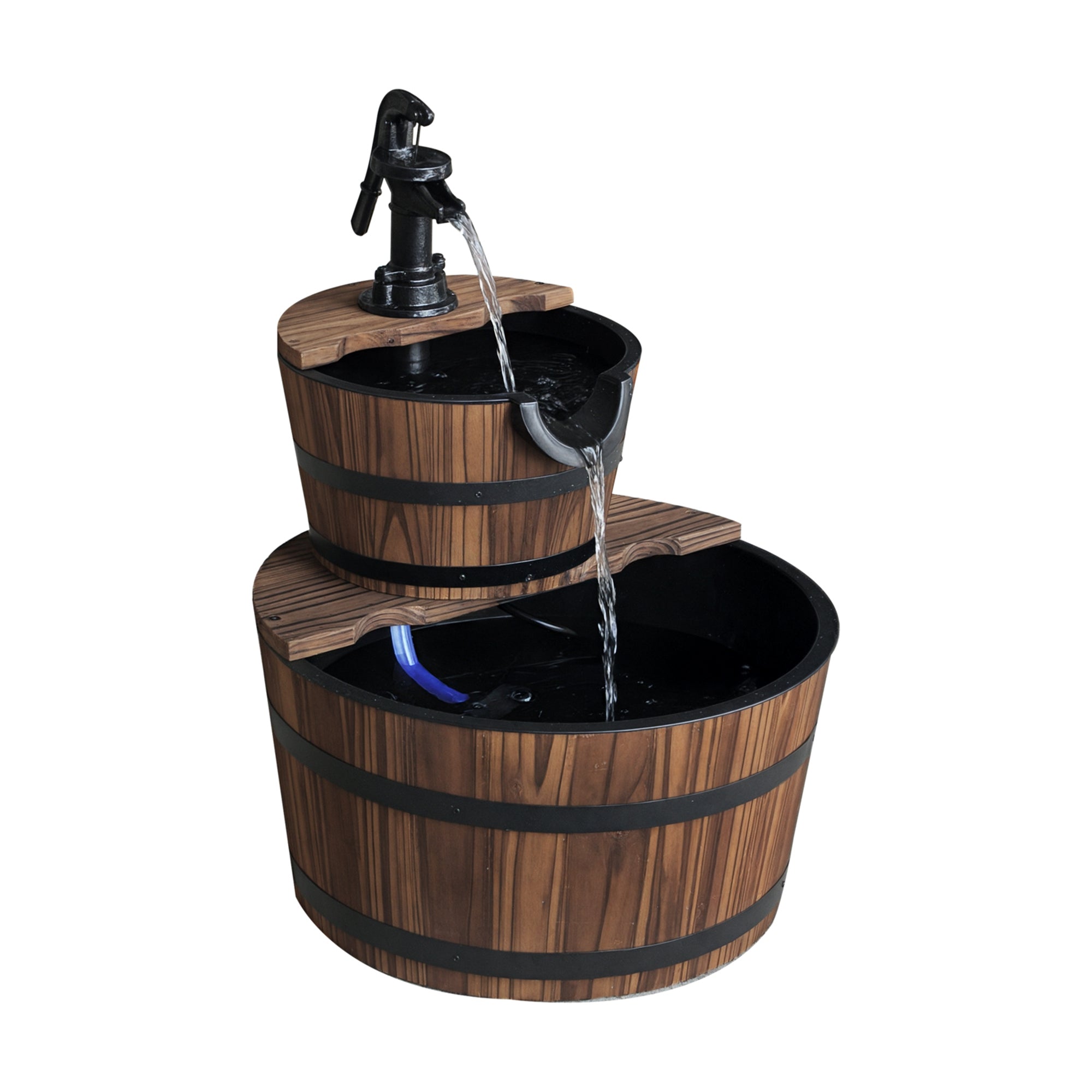 Wood 2-Tier Waterfall Barrel Fountain with Electric Pump