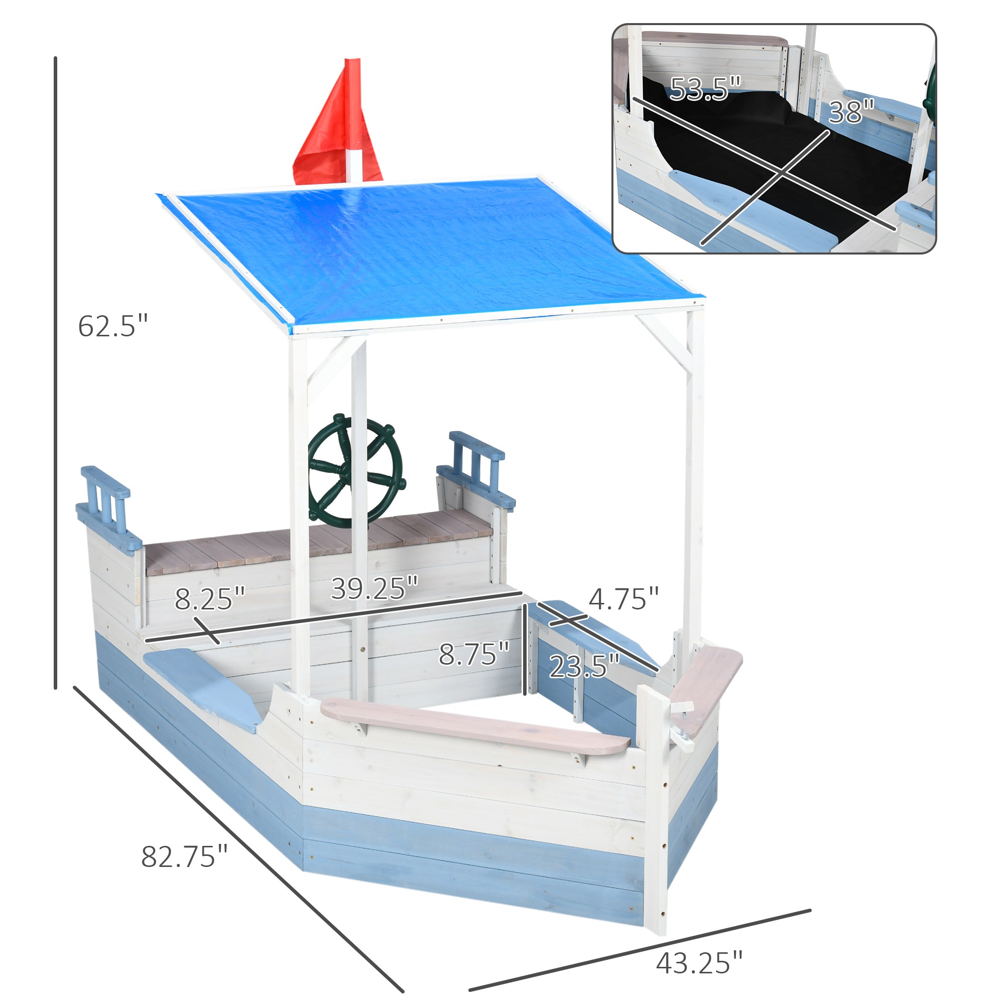 Pirate Ship Wooden Sandbox with Canopy and Bench, 83x43"