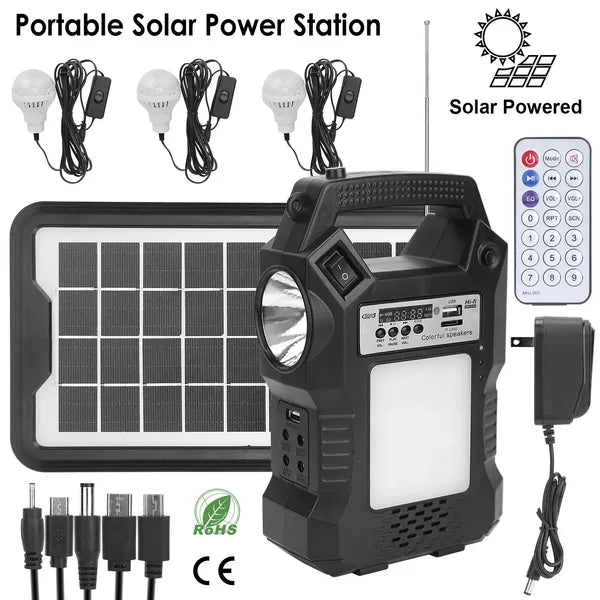 Portable Solar Power Station with 3 LED Bulbs and Flashlight