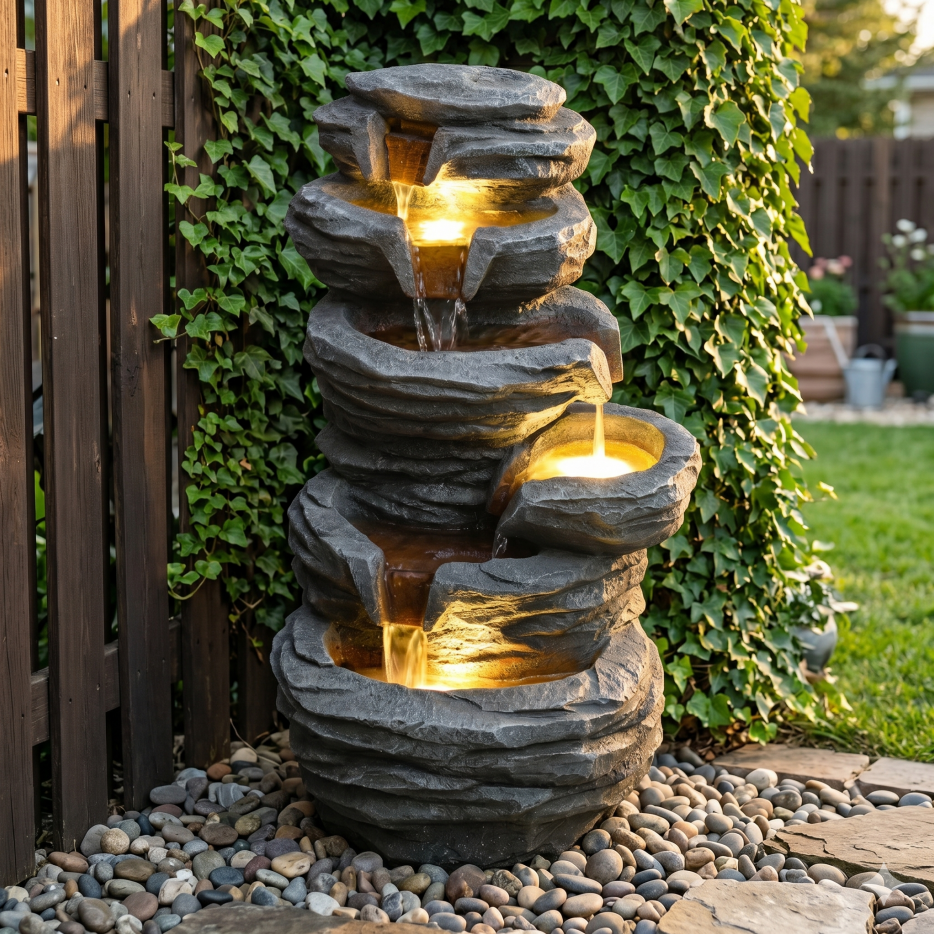 Stacked Rock Cascading Waterfall Fountain with LED Lights