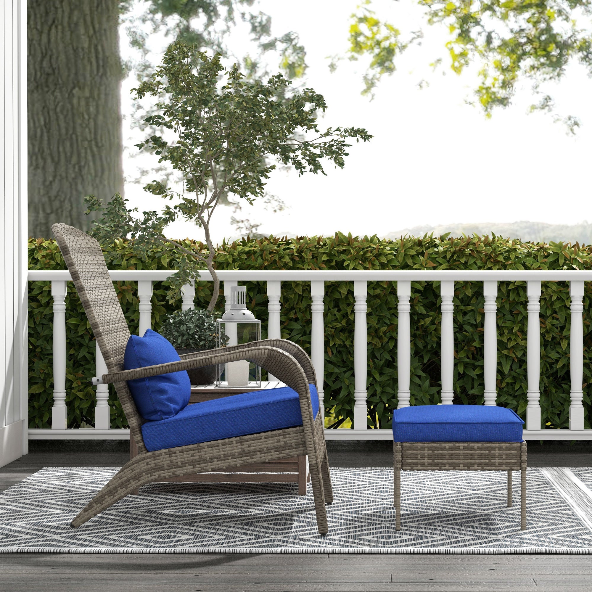 Wicker Adirondack Chair with Ottoman & Cushions, Blue