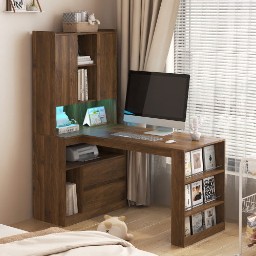 L-Shaped Corner Desk with Drawers and LED Light