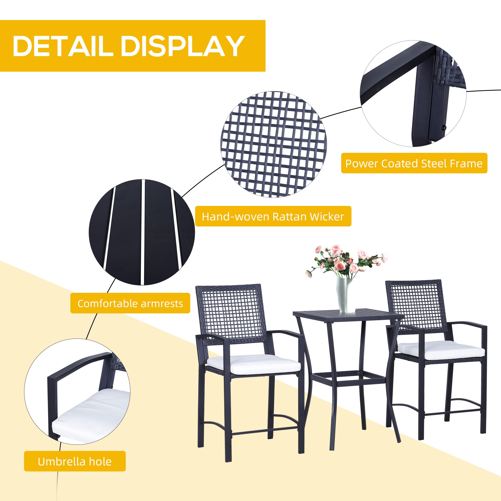 3-Piece Rattan Wicker Patio Bar Set with Cushions