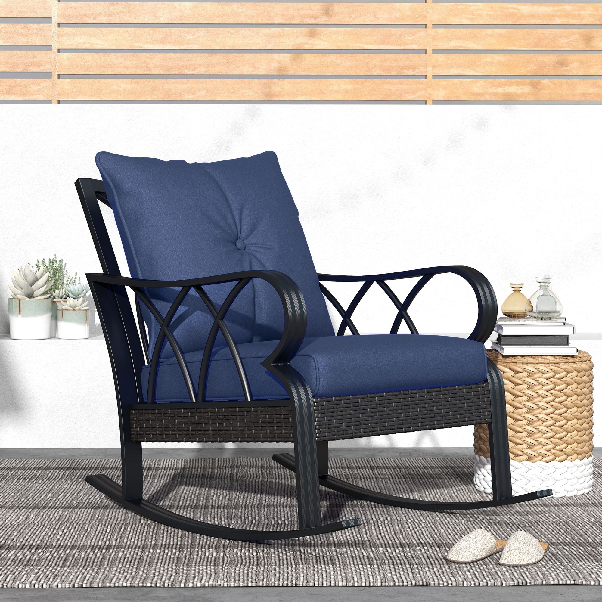 Outdoor Wicker Rocking Chair with Padded Cushions Navy