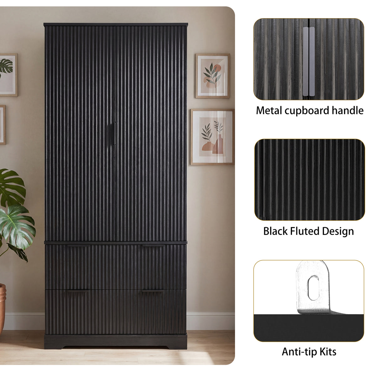 72" Modern Fluted Kitchen Pantry Cabinet With 2 Large Drawers &