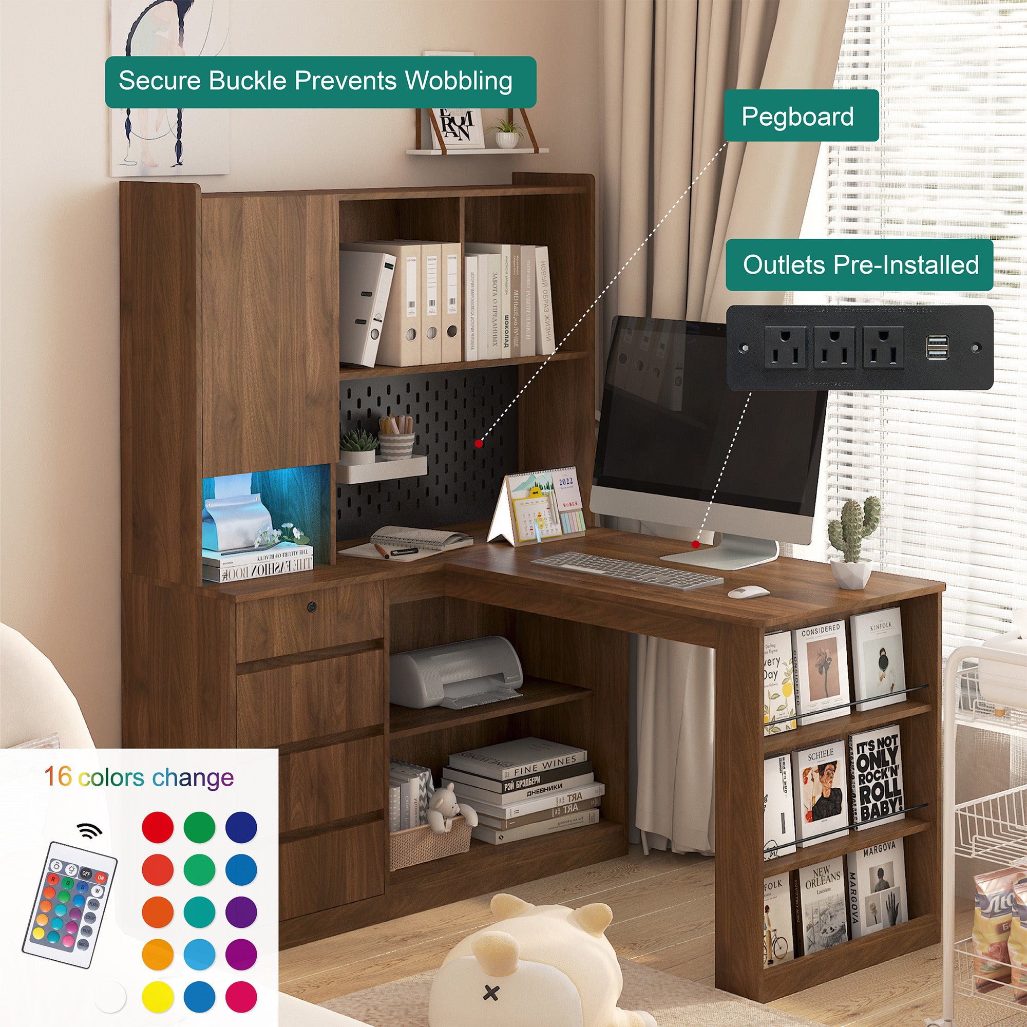 L-Shaped Corner Desk with Drawers, Shelves & LED Light