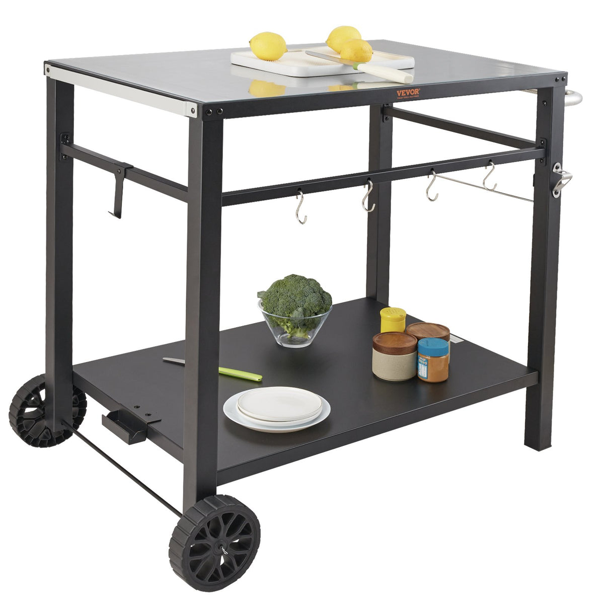 Double-Shelf BBQ Grill Dining Cart with Iron Top