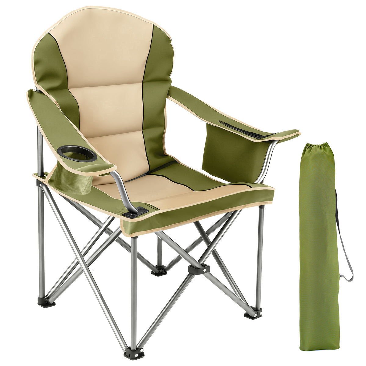 Oversized Padded Camping Chair with Cooler Bag and Cup Holder