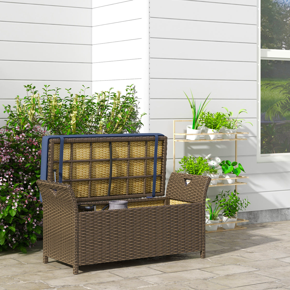 Outdoor Wicker Storage Bench 2-In-1 Rattan 29 Gal Dark Blue