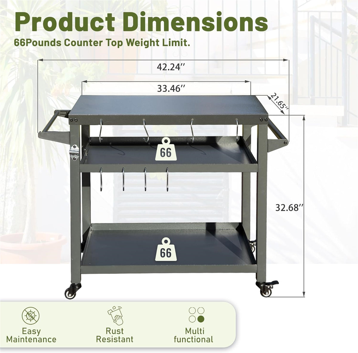 3-Shelf Grill Cart with Wheels and Propane Tank Hook