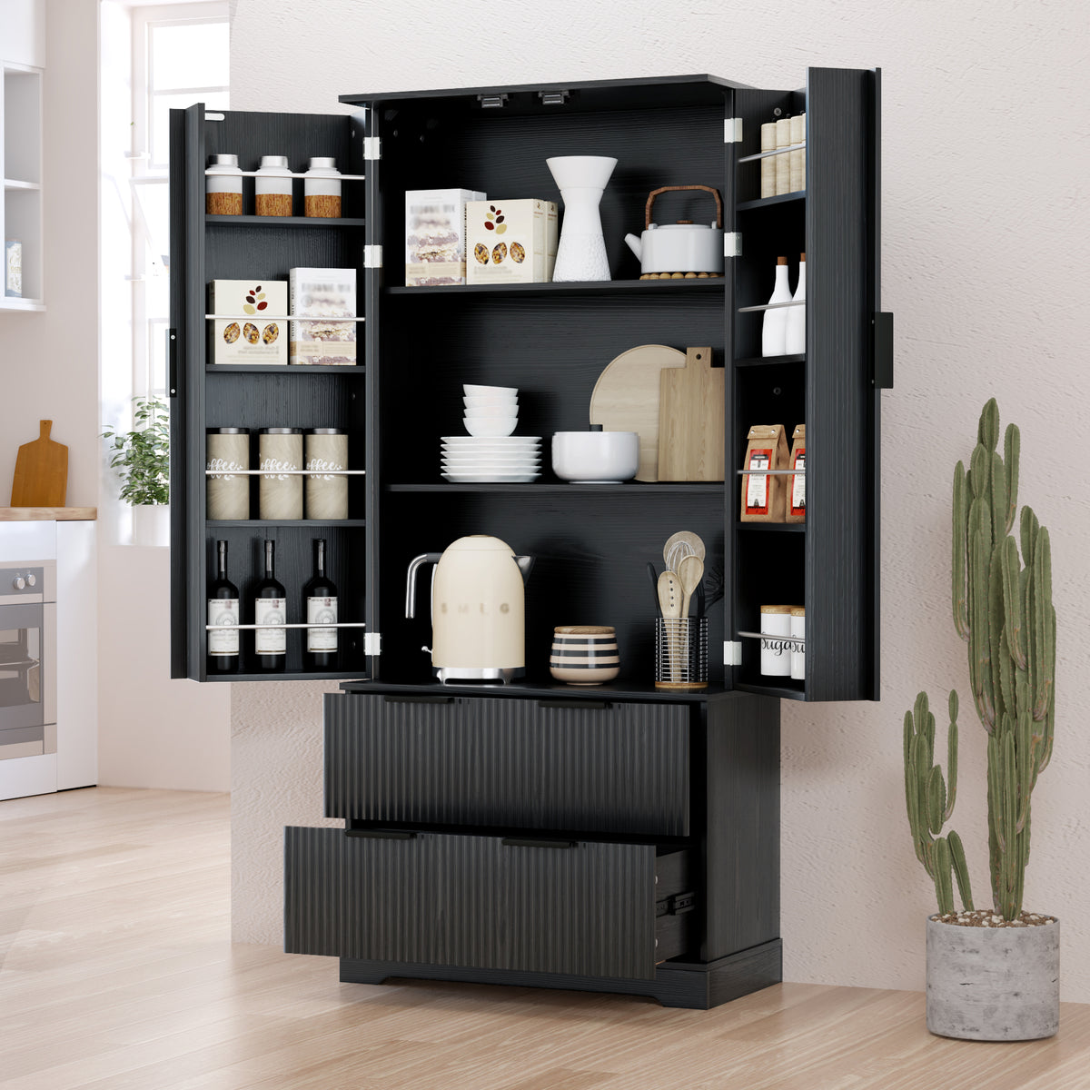 72" Modern Fluted Kitchen Pantry Cabinet With 2 Large Drawers &