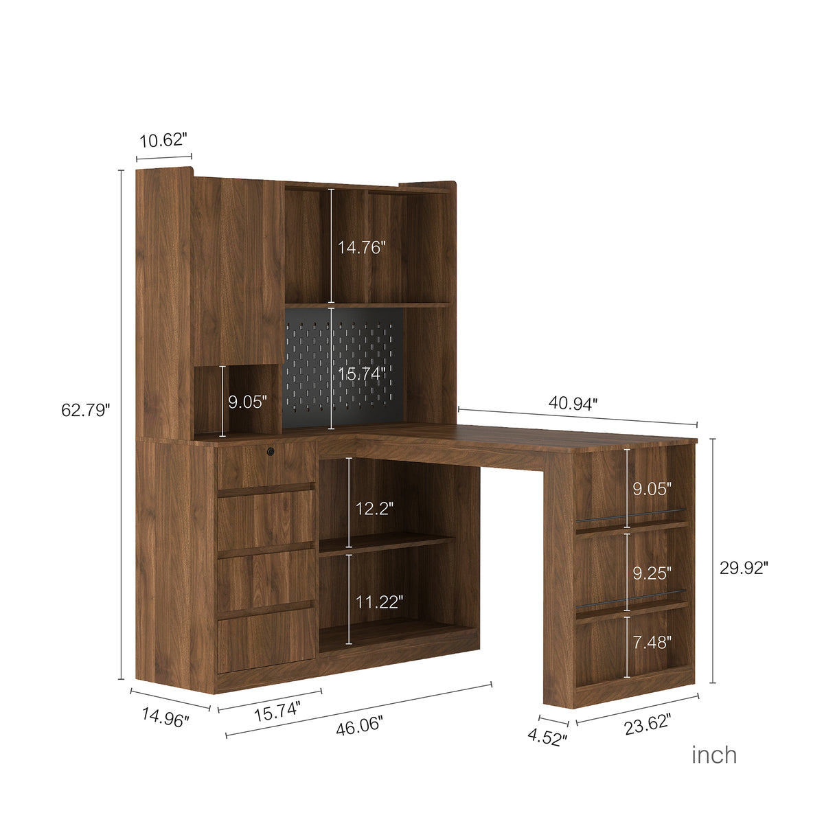 L-Shaped Corner Desk with Drawers, Shelves & LED Light