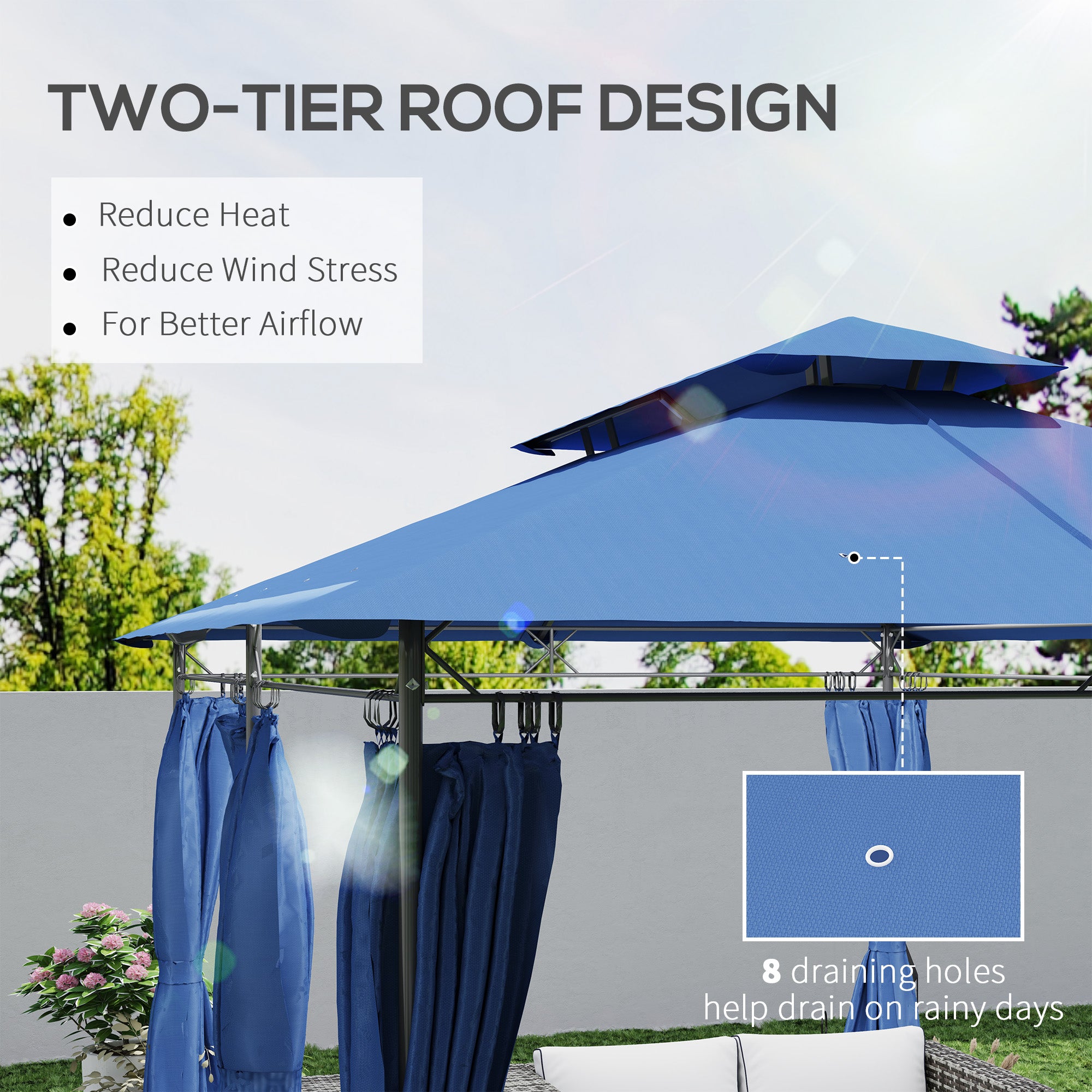 10' x 13' Double Roof Patio Gazebo with Curtains Dark Blue