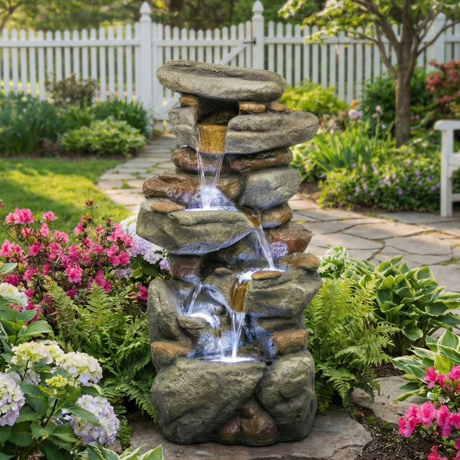 30 Inch Stone Outdoor Water Fountain With LED Light