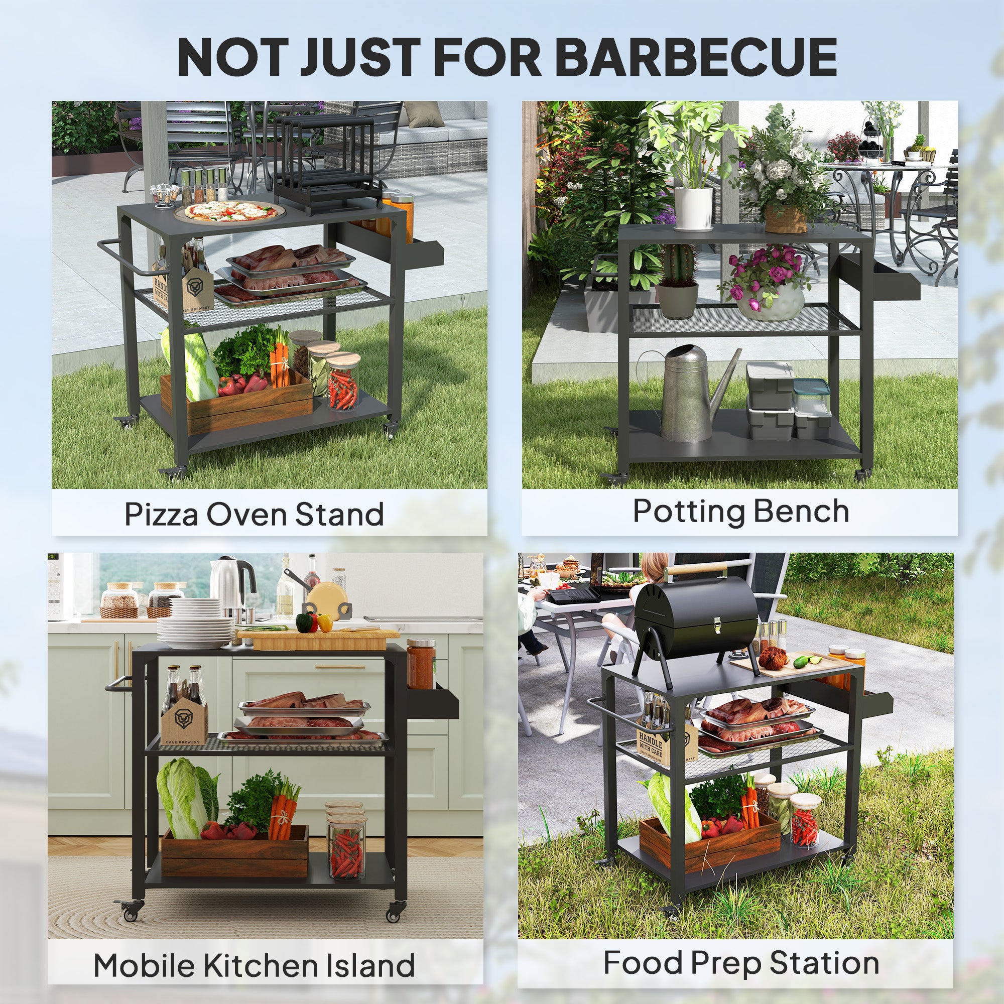 3-Tier Outdoor Grill Cart with Wheels and Storage