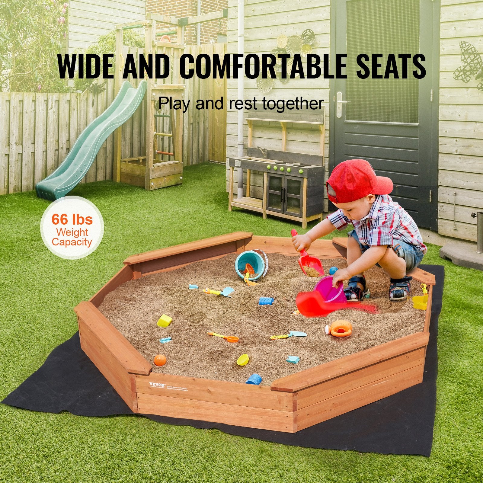 Octagonal Wooden Sandbox with Cover, 75.6 x 75.6 In