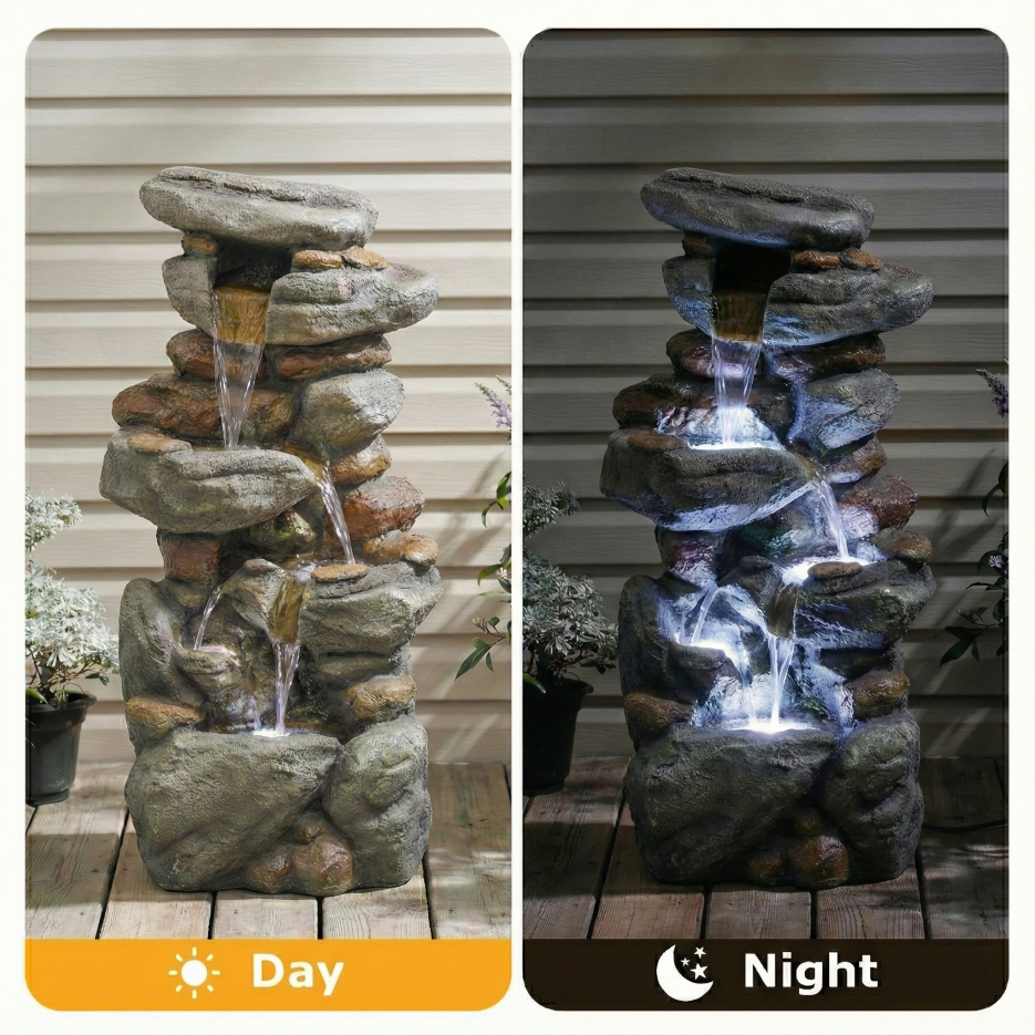 30 Inch Stone Outdoor Water Fountain With LED Light