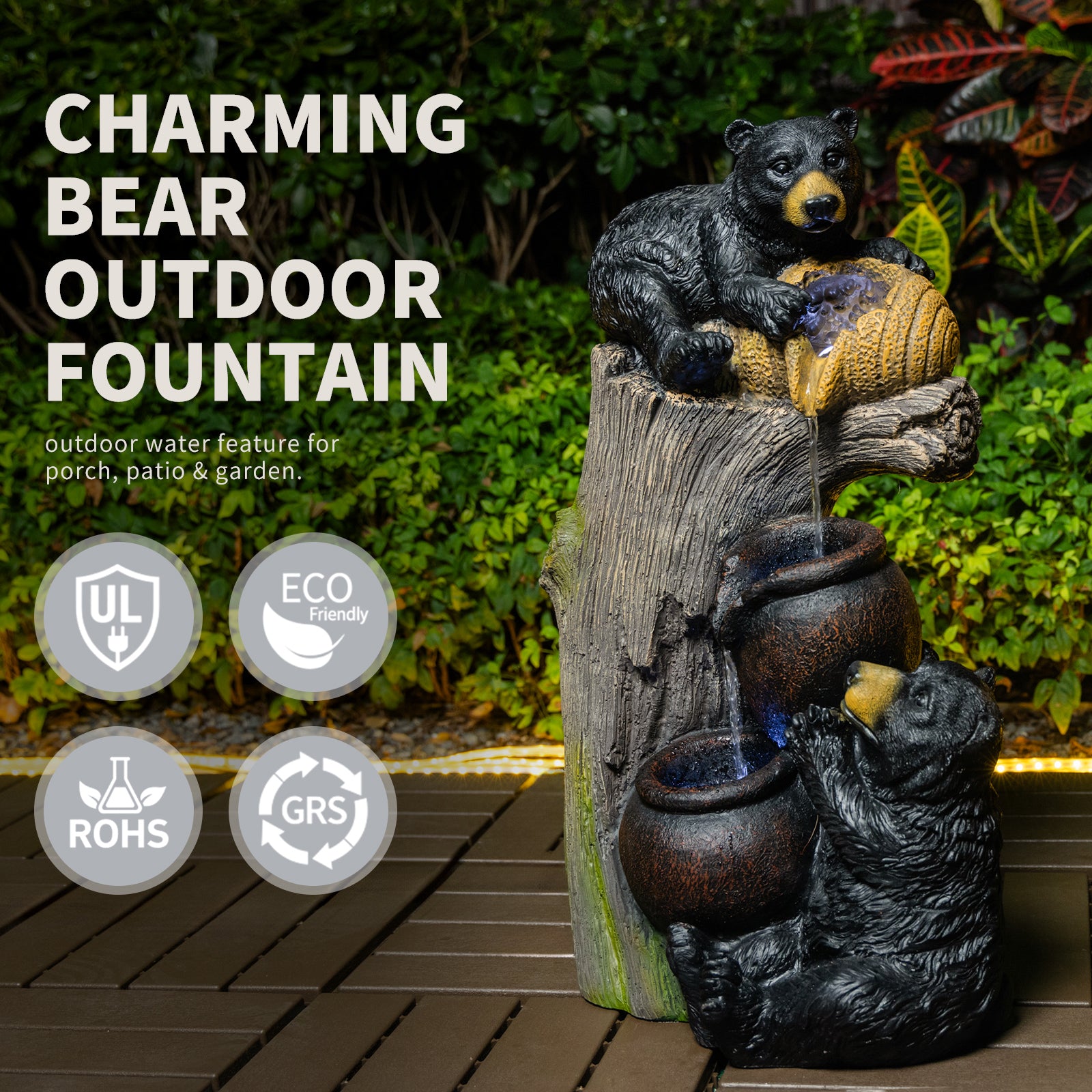 Bear Outdoor Water Fountain with LED Lights 23.62in