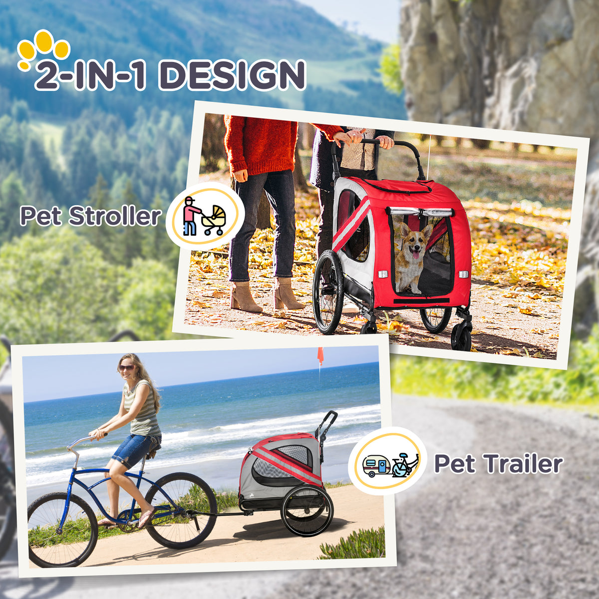 2-in-1 Pet Bike Trailer & Dog Stroller, Red