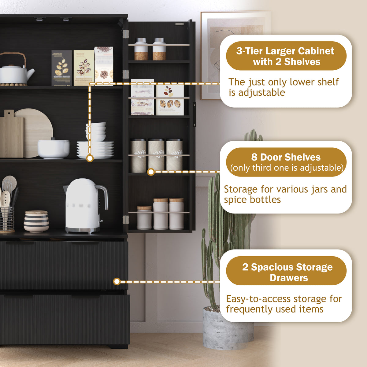 72" Modern Fluted Kitchen Pantry Cabinet With 2 Large Drawers &