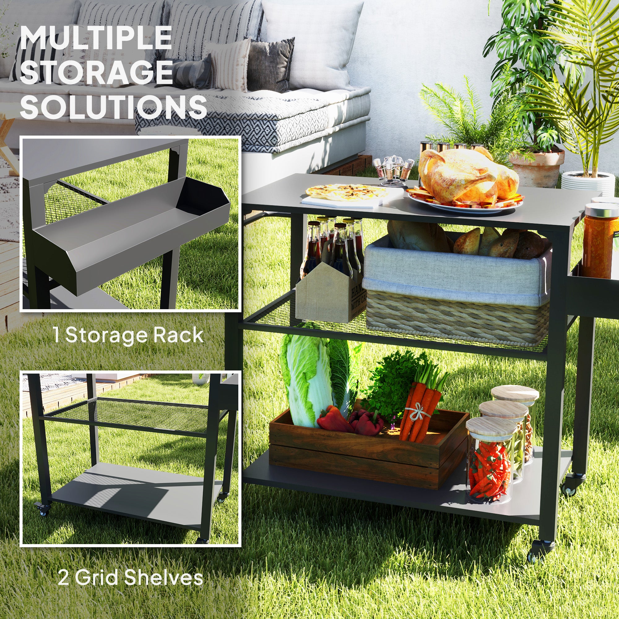 3-Tier Outdoor Grill Cart with Wheels and Storage
