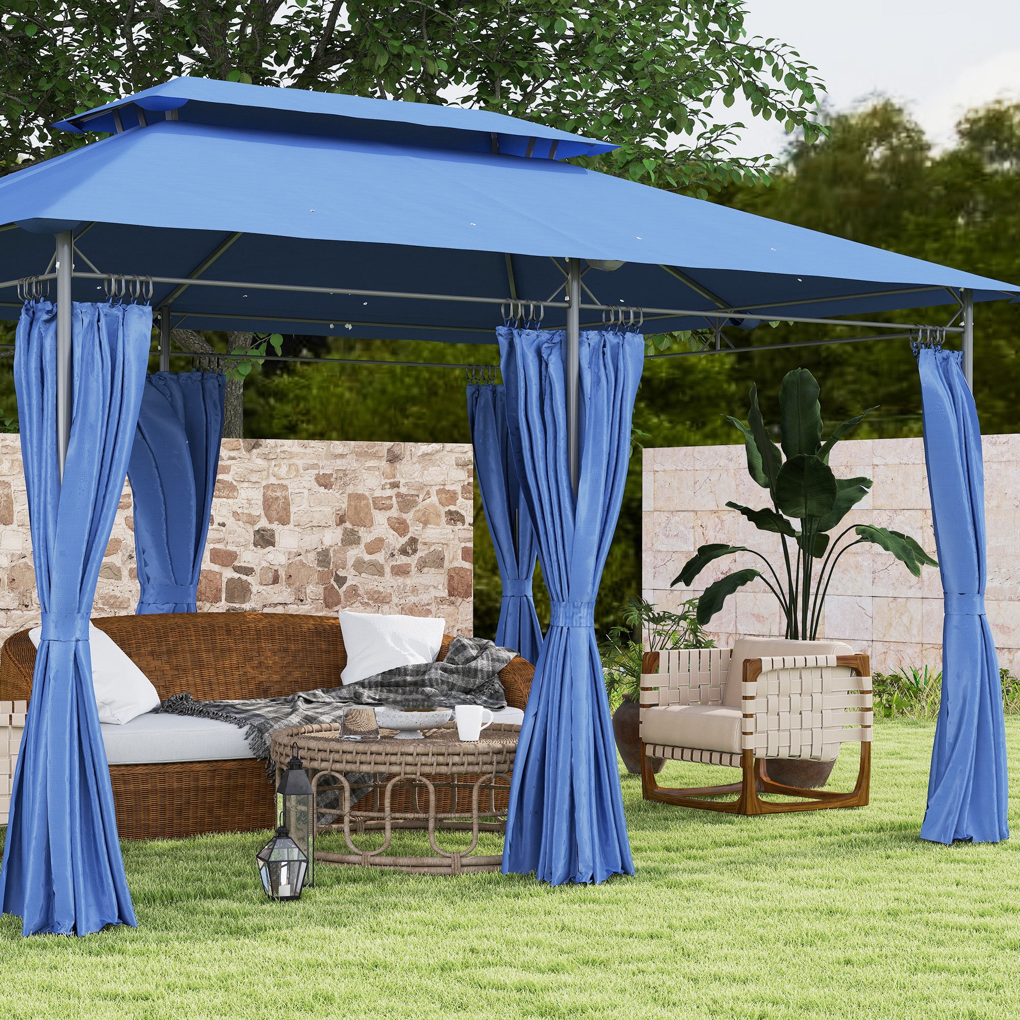 10 x 13 Double Roof Patio Gazebo with Curtains, Dark Blue