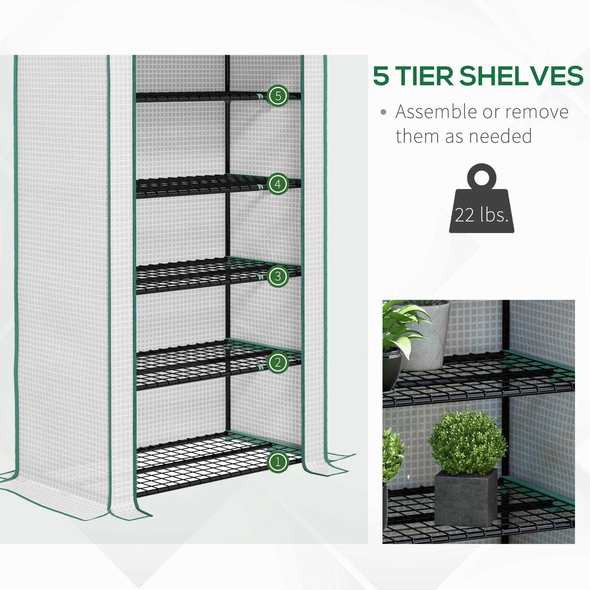 5 Tier Mini Greenhouse with PE Cover & Roll-Up Door, 76x35.4x19.3"