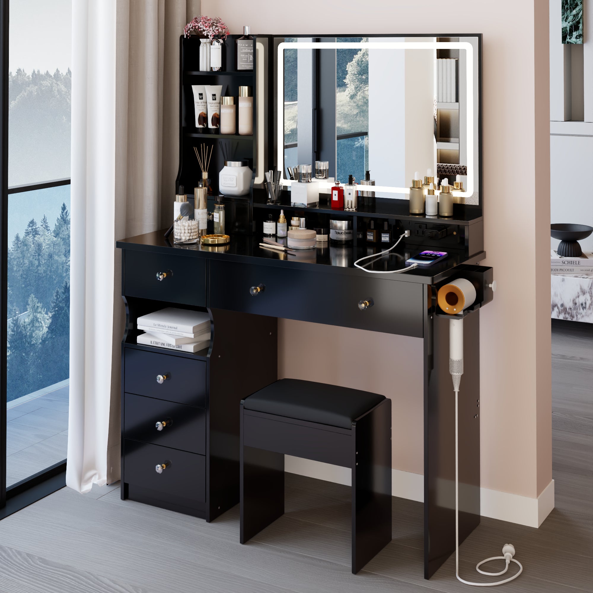 41" Large Vanity Desk Set with Cushioned Stool & LED Mirror