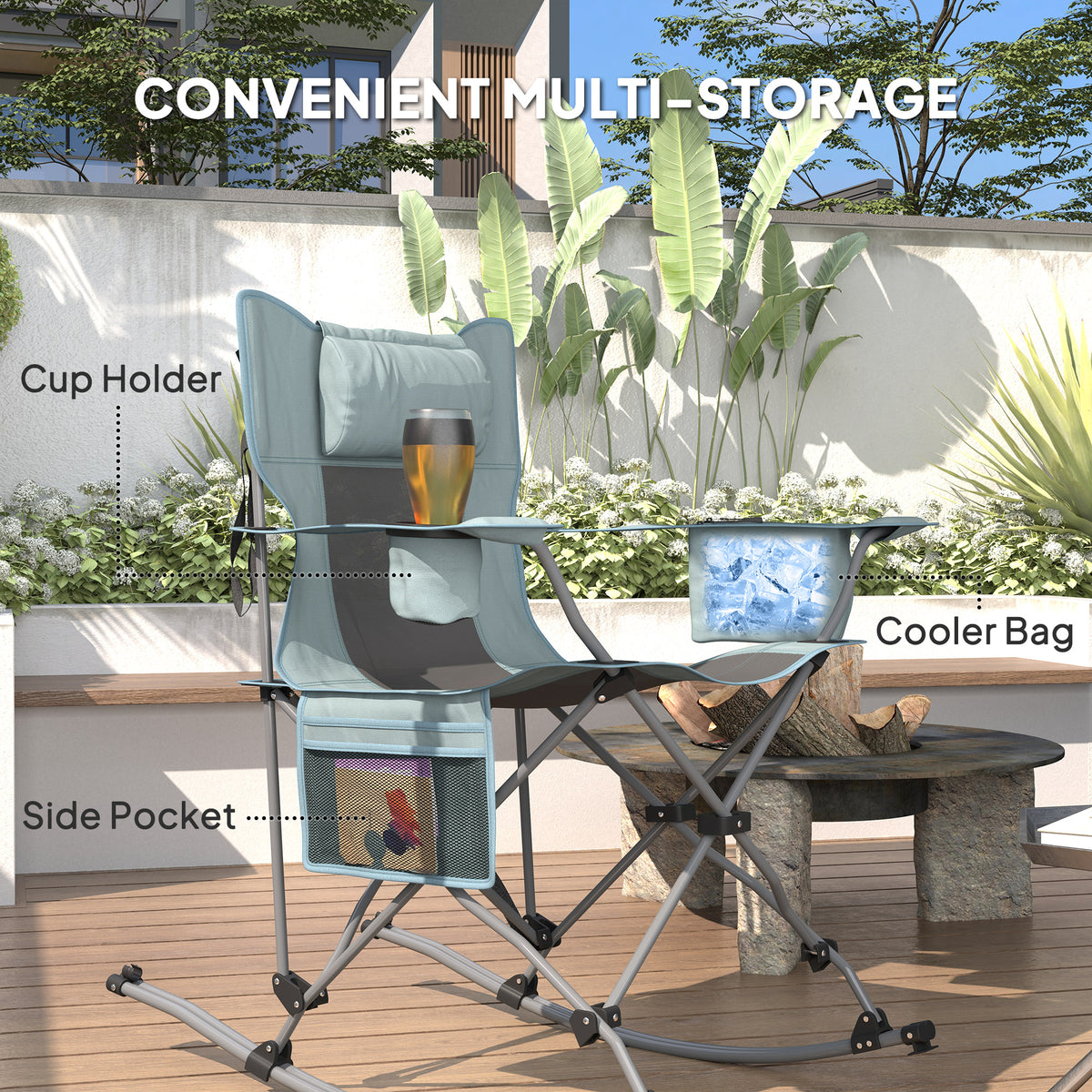 Folding Rocking Camping Chair 2-Pack with Headrest & Cooler