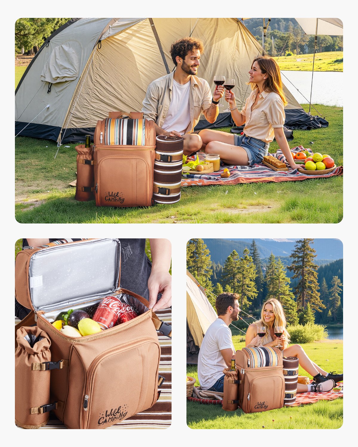 4-Person Picnic Backpack with Cooler Compartment Brown