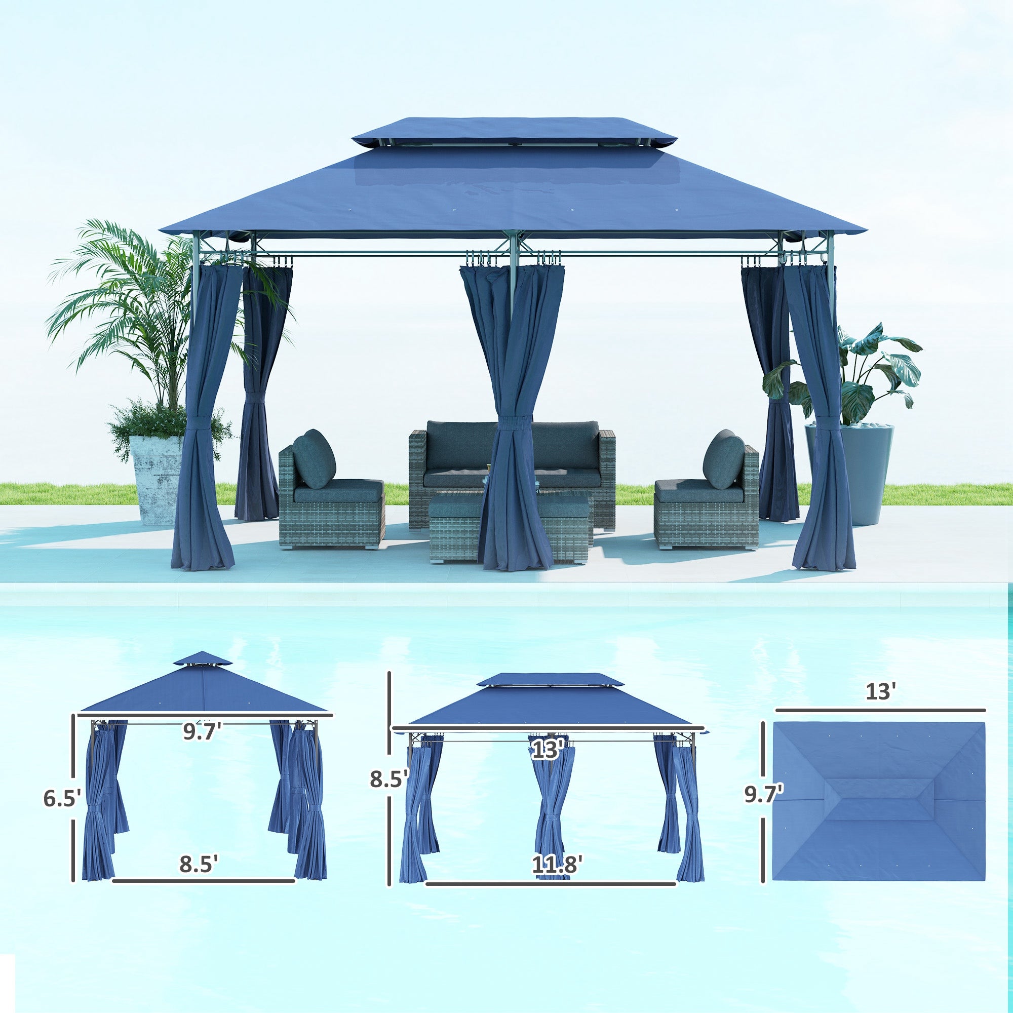 10' x 13' Double Roof Patio Gazebo with Curtains Dark Blue