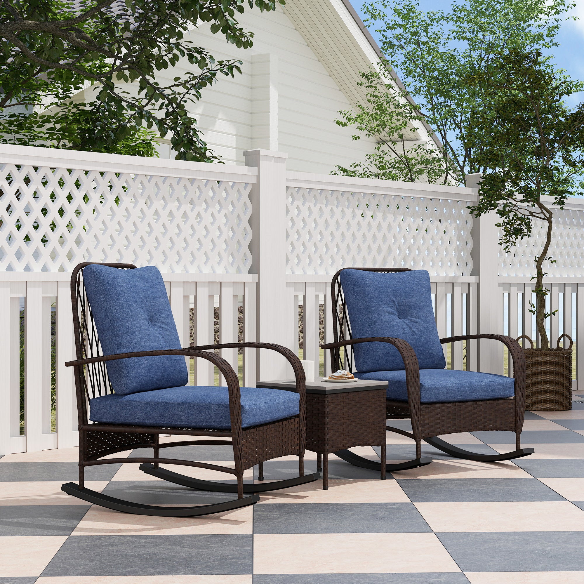 3-Piece PE Rattan Patio Set with Rocking Chairs