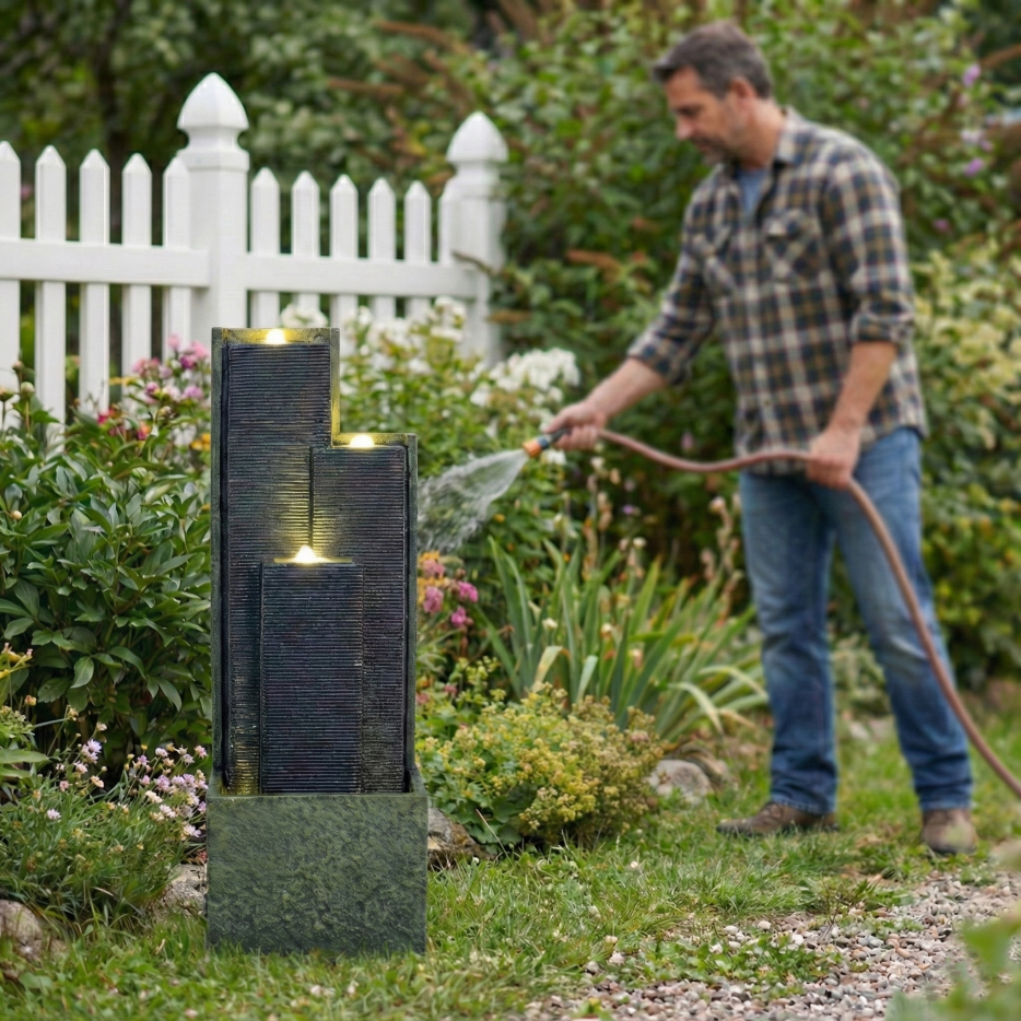 39 Inch Outdoor Cascading Water Fountain With LED Lights