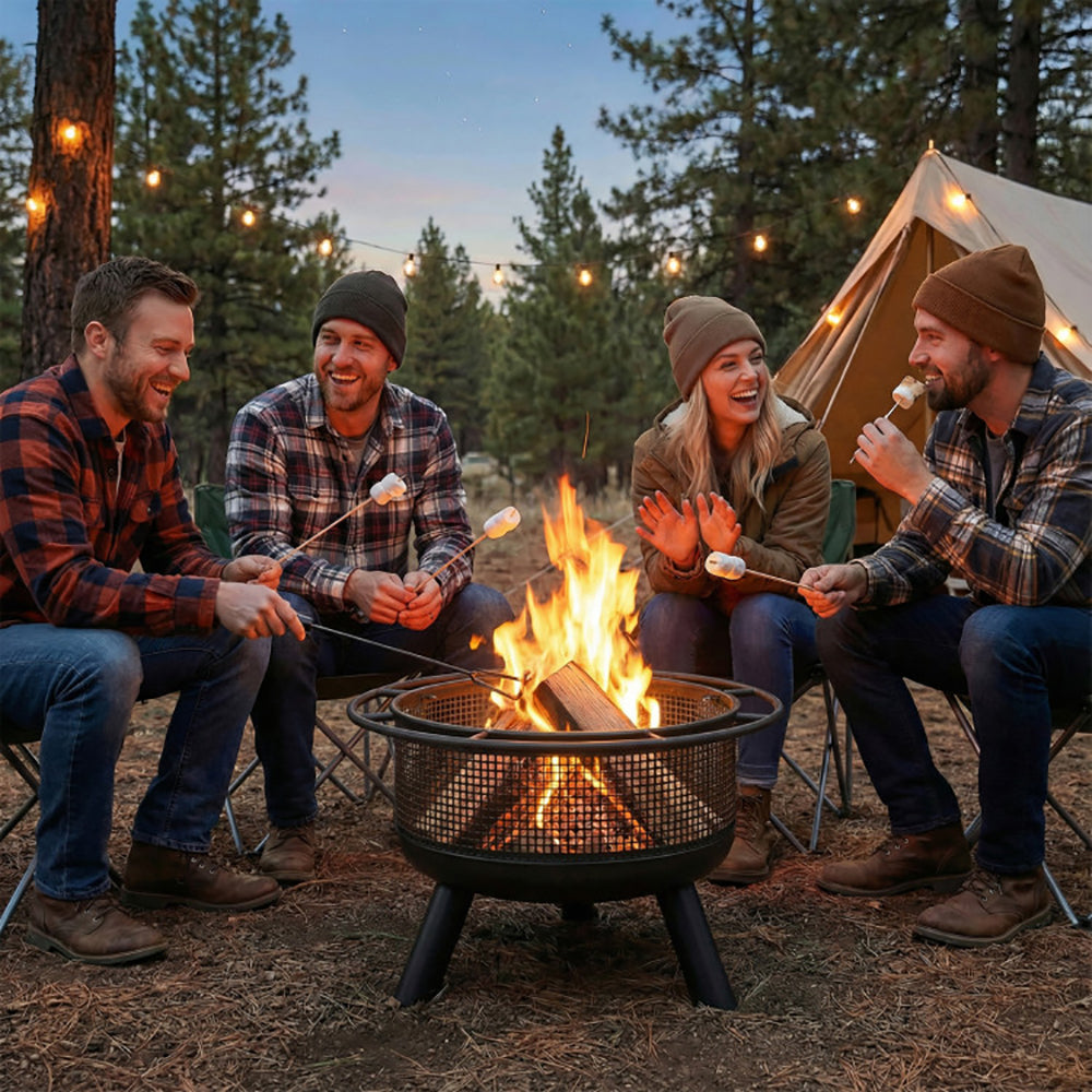 24 Inch Wood Burning Fire Pit with Log Grate and Mesh Screen