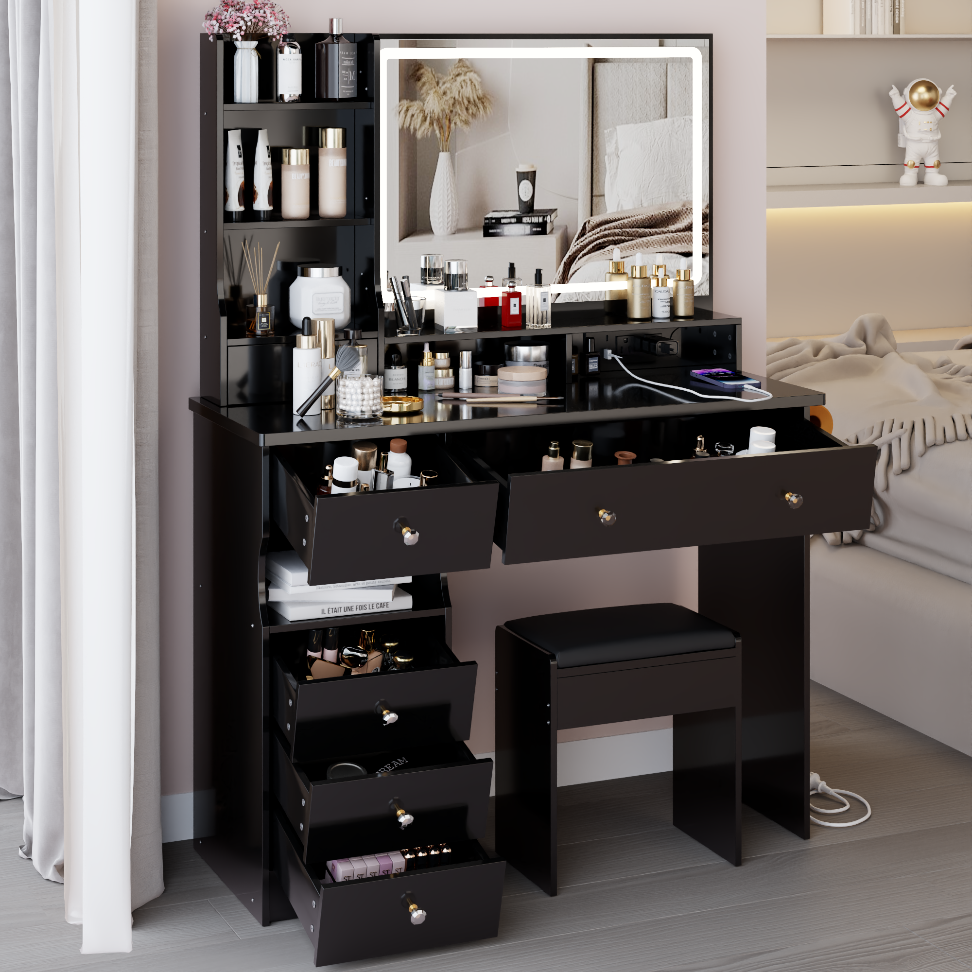 41" Large Vanity Desk Set with Cushioned Stool & LED Mirror