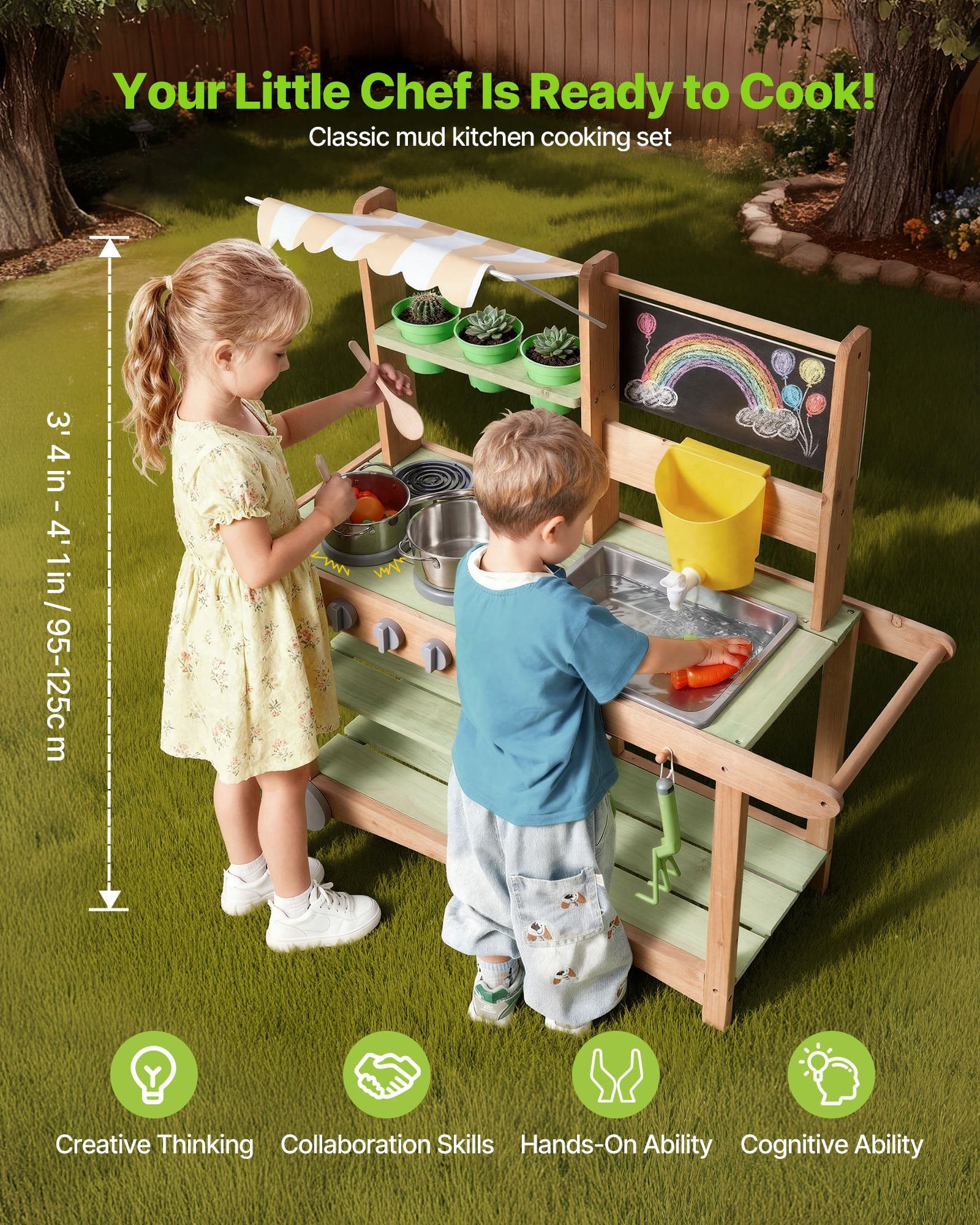 Wooden Outdoor Mud Kitchen with Canopy & Wheels