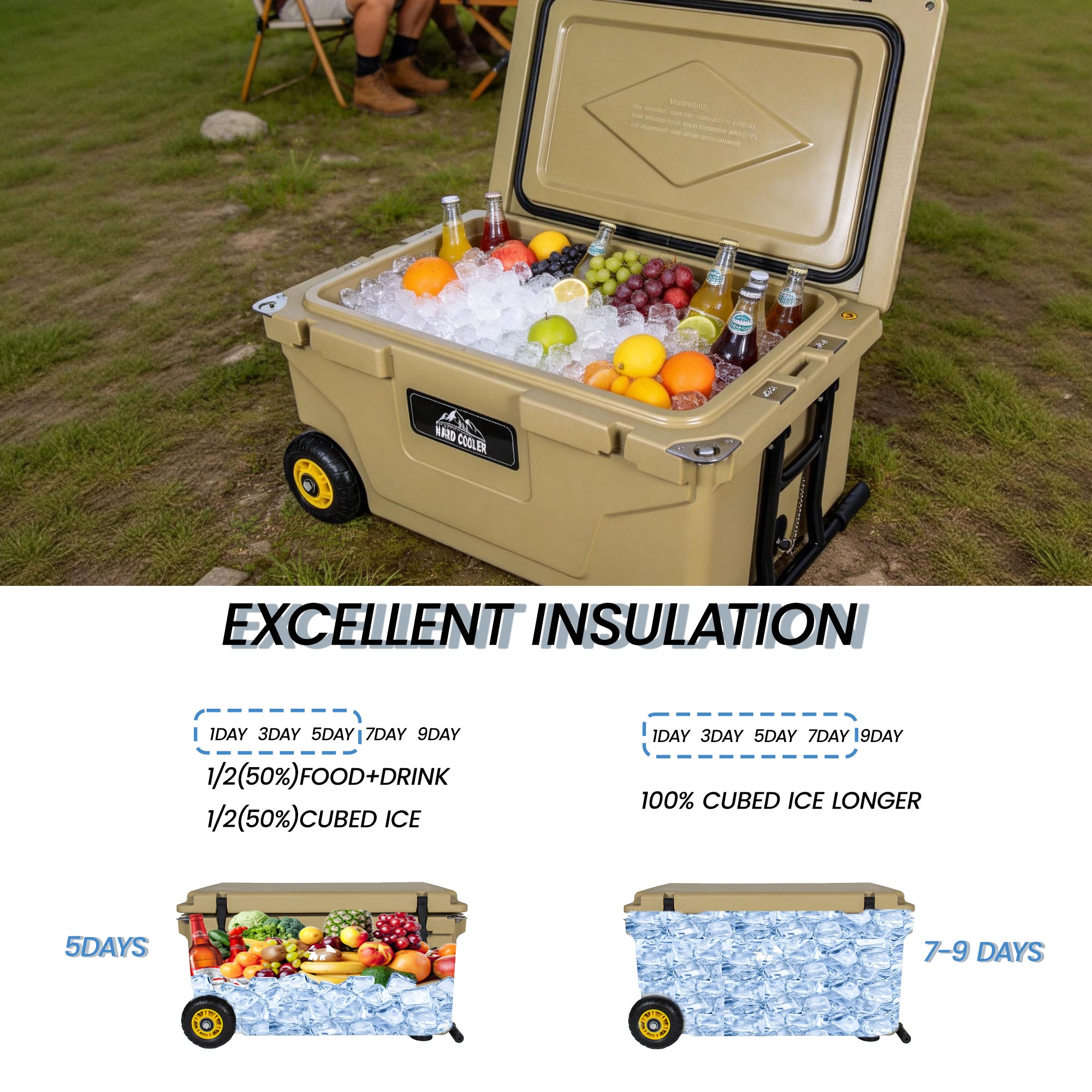 65 Quart Khaki Hard Shell Cooler with 6-Day Ice Retention
