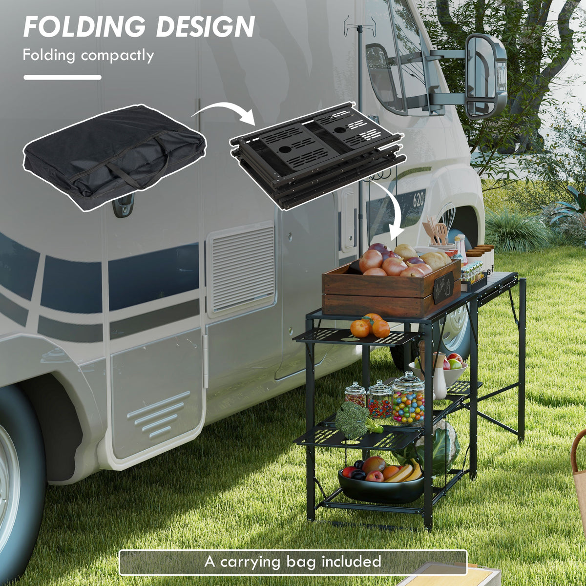 Folding Camp Kitchen Table with Adjustable Lamp Stand