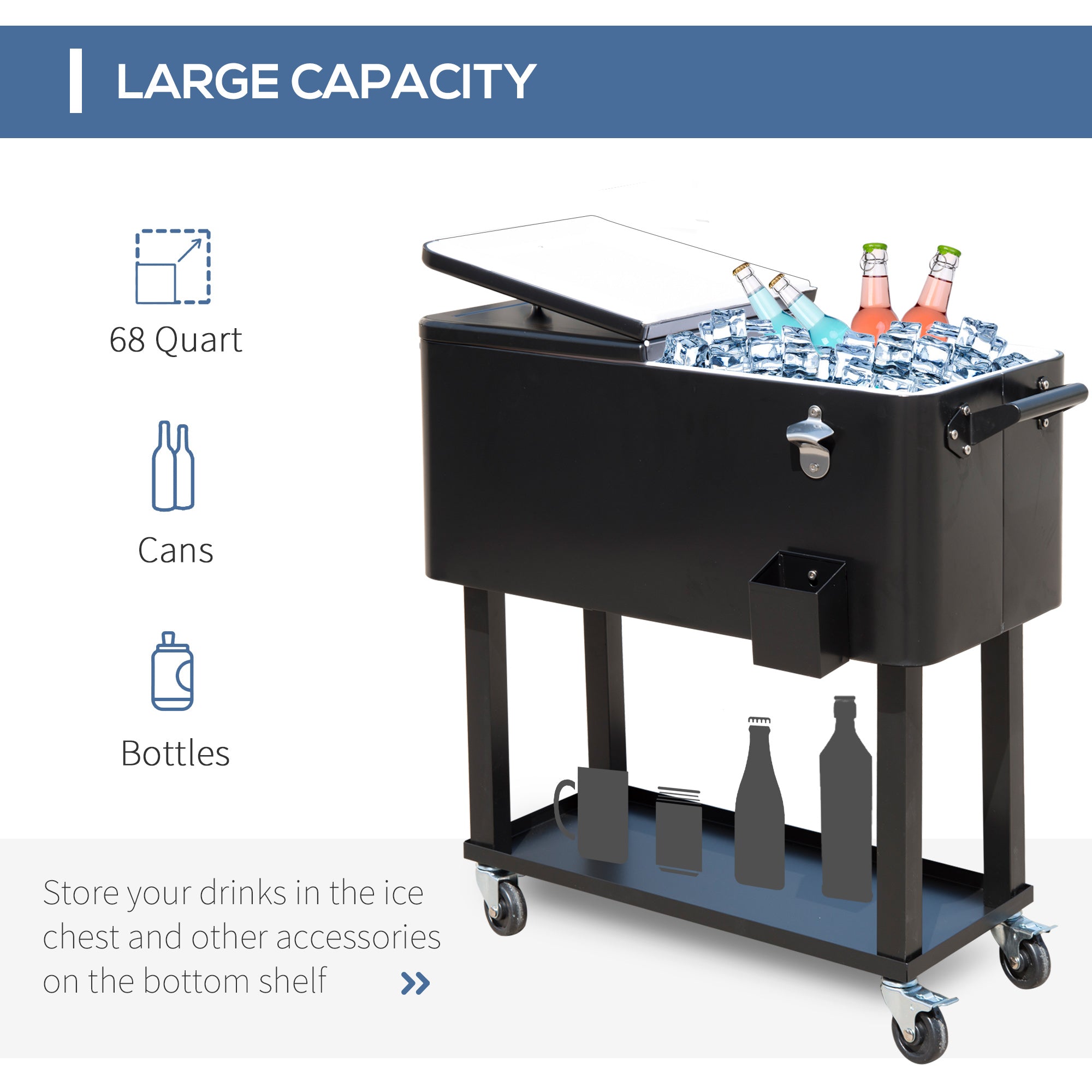 80 Qt Rolling Cooler Cart With Wheels Outdoor Ice Chest