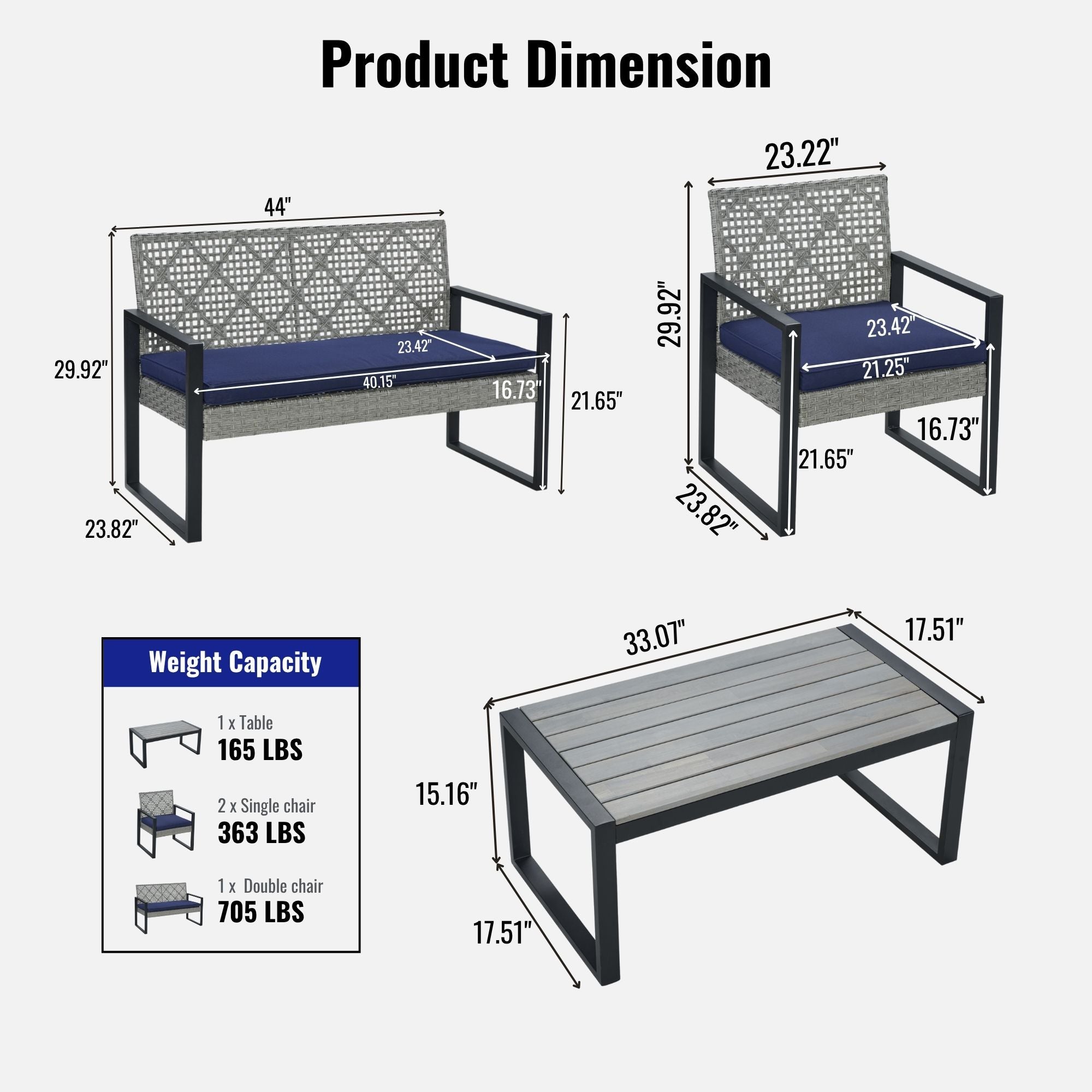 4-Piece Patio Set Acacia Wood & Rattan Blue Cushion