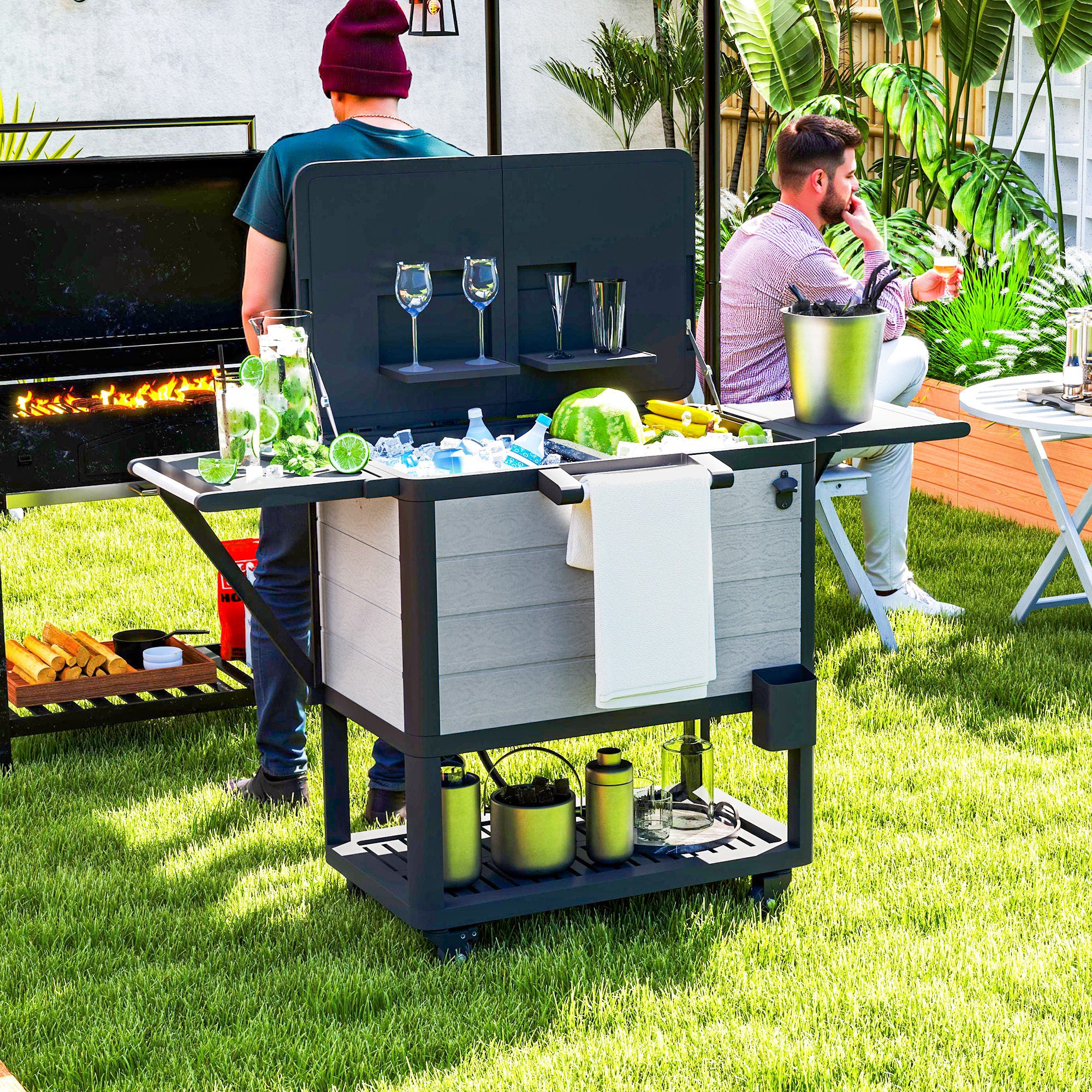 104 Quart Rolling Cooler Cart with Shelves and Bottle Opener