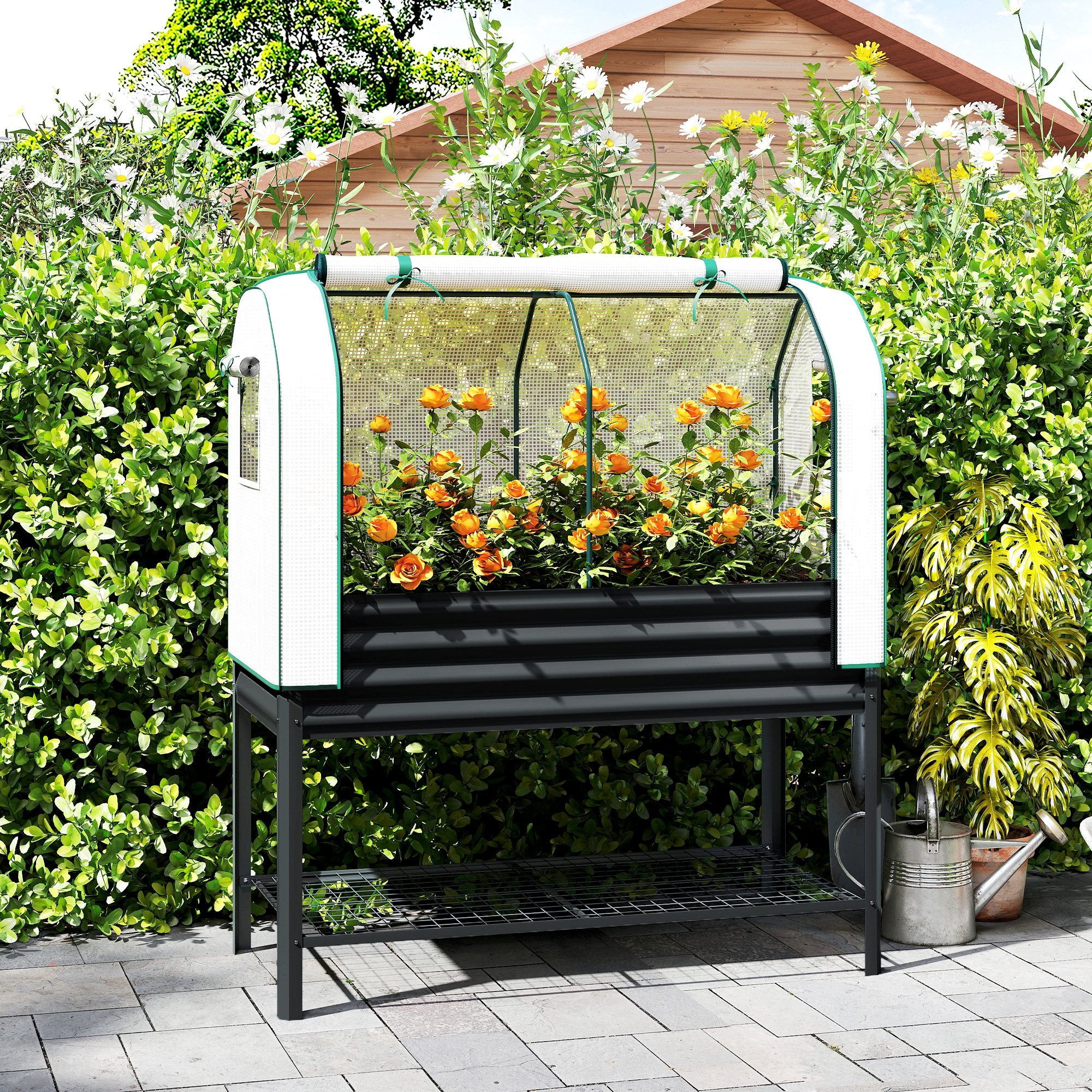 Galvanized Metal Raised Garden Bed with Greenhouse Cover