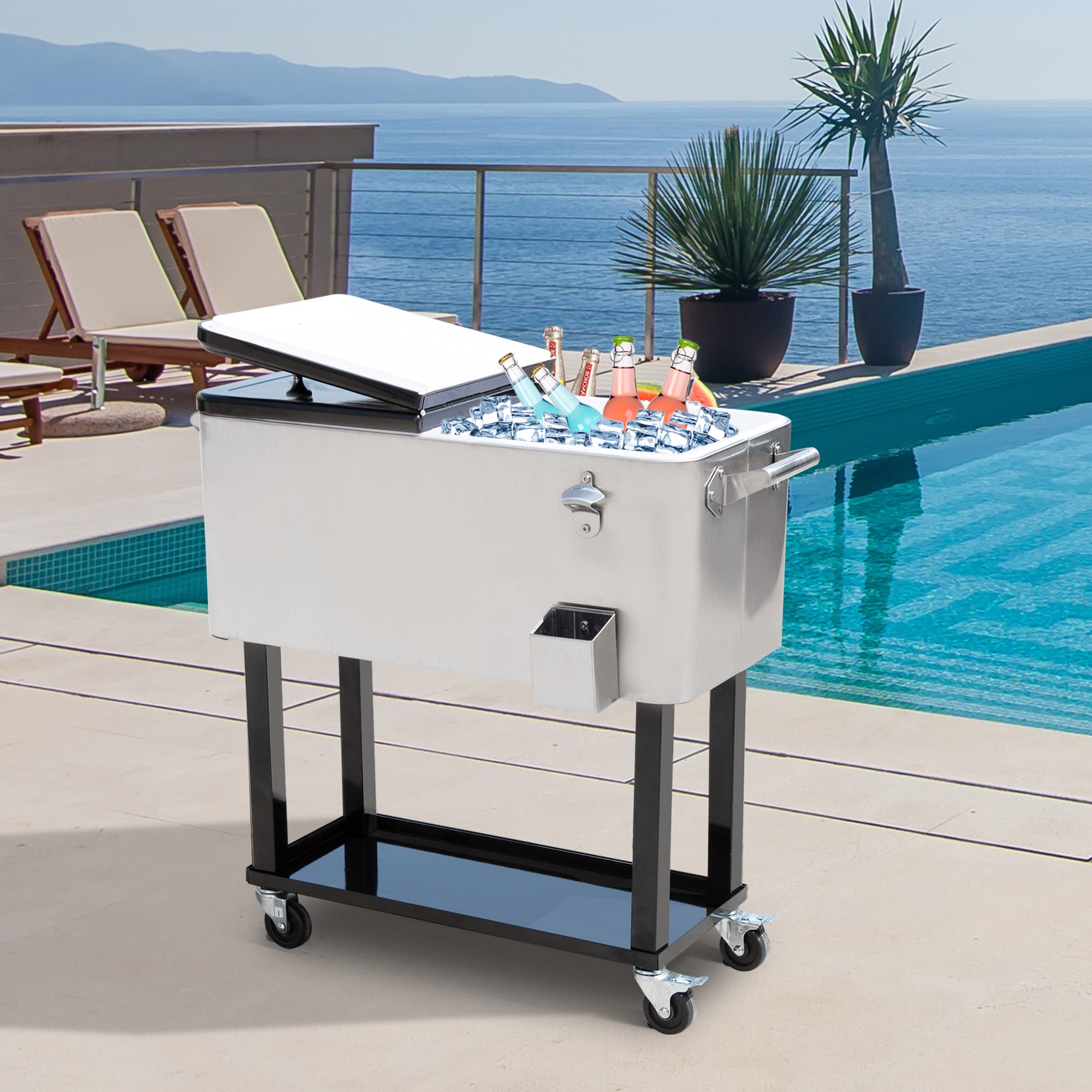 80 Qt Rolling Cooler Cart with Wheels for Outdoor Parties