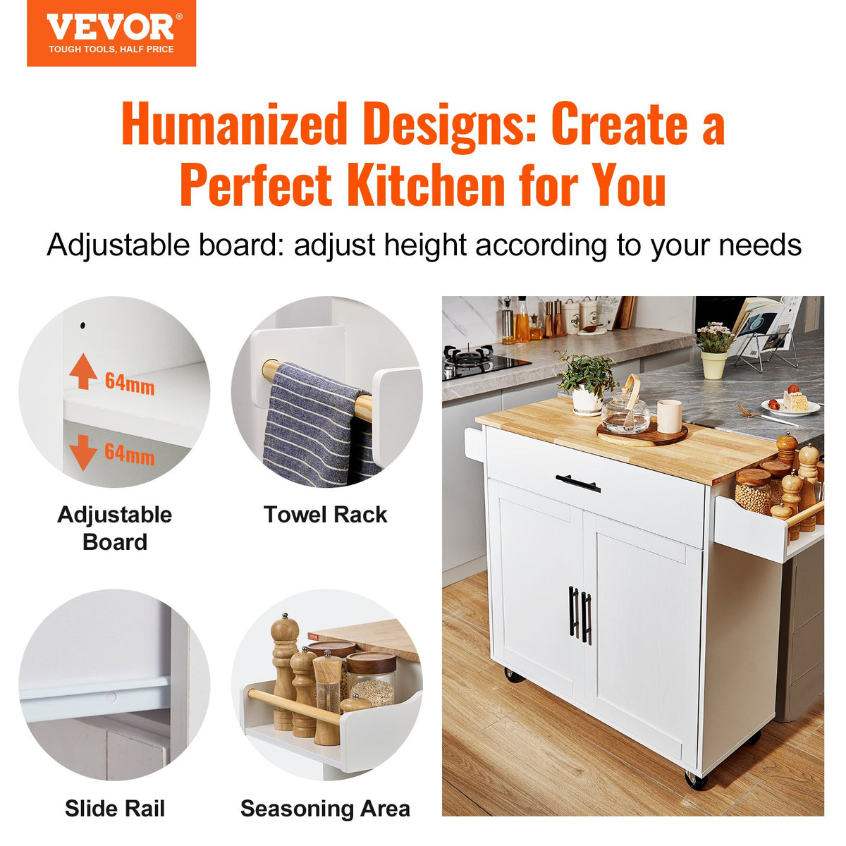 Kitchen Island Cart With Solid Wood Top