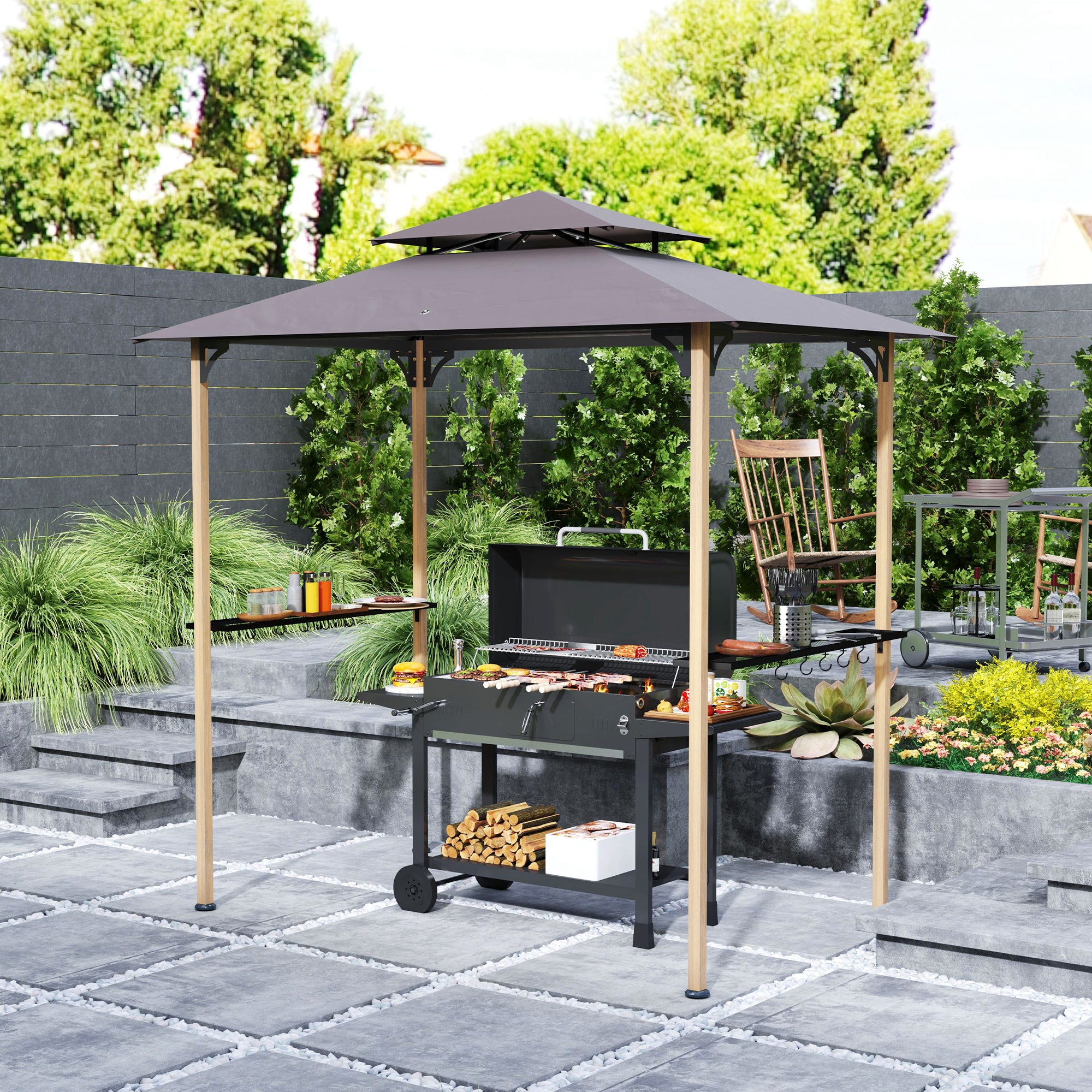 8x5 Double Tiered Grill Gazebo with Side Shelves