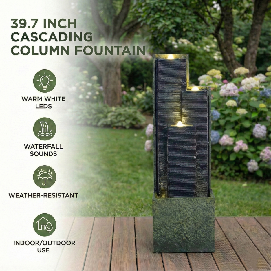 39 Inch Outdoor Cascading Water Fountain With LED Lights